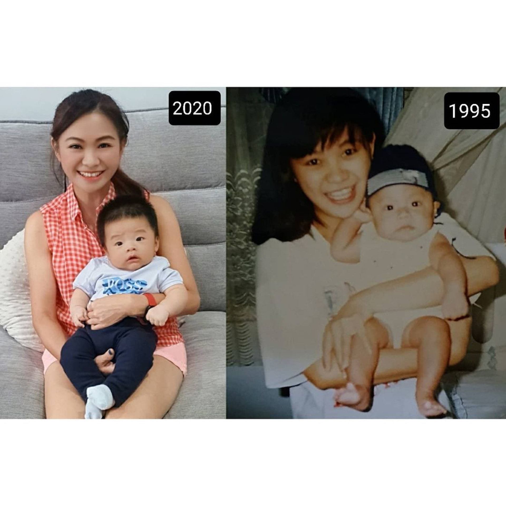 凍齡保養｜相隔25年抱寶寶照片，一張是在抱兒子，另一張則是抱孫子時的照片，都讓人驚嘆歲月在流逝，但她越來越美。（IG@puspadewihc）