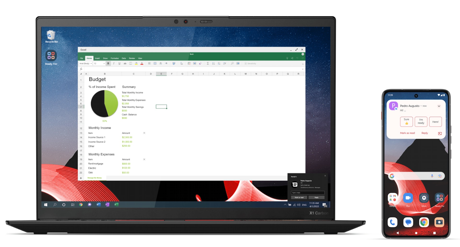 ThinkPhone 除了是一部功能不俗的智能手機,亦可以與 ThinkPad 筆電協同使用 ThinkPhone 除了是一部功能不俗的智能手機,亦可以與 ThinkPad 筆電協同使用