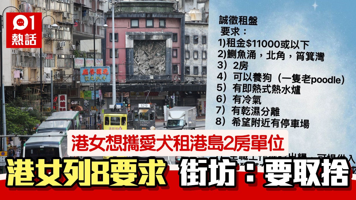 狗主欲租港島2房單位 預算$1.1萬列8項要求 街坊:唐樓可能得 狗主欲租港島2房單位 預算$1.1萬列8項要求 街坊:唐樓可能得