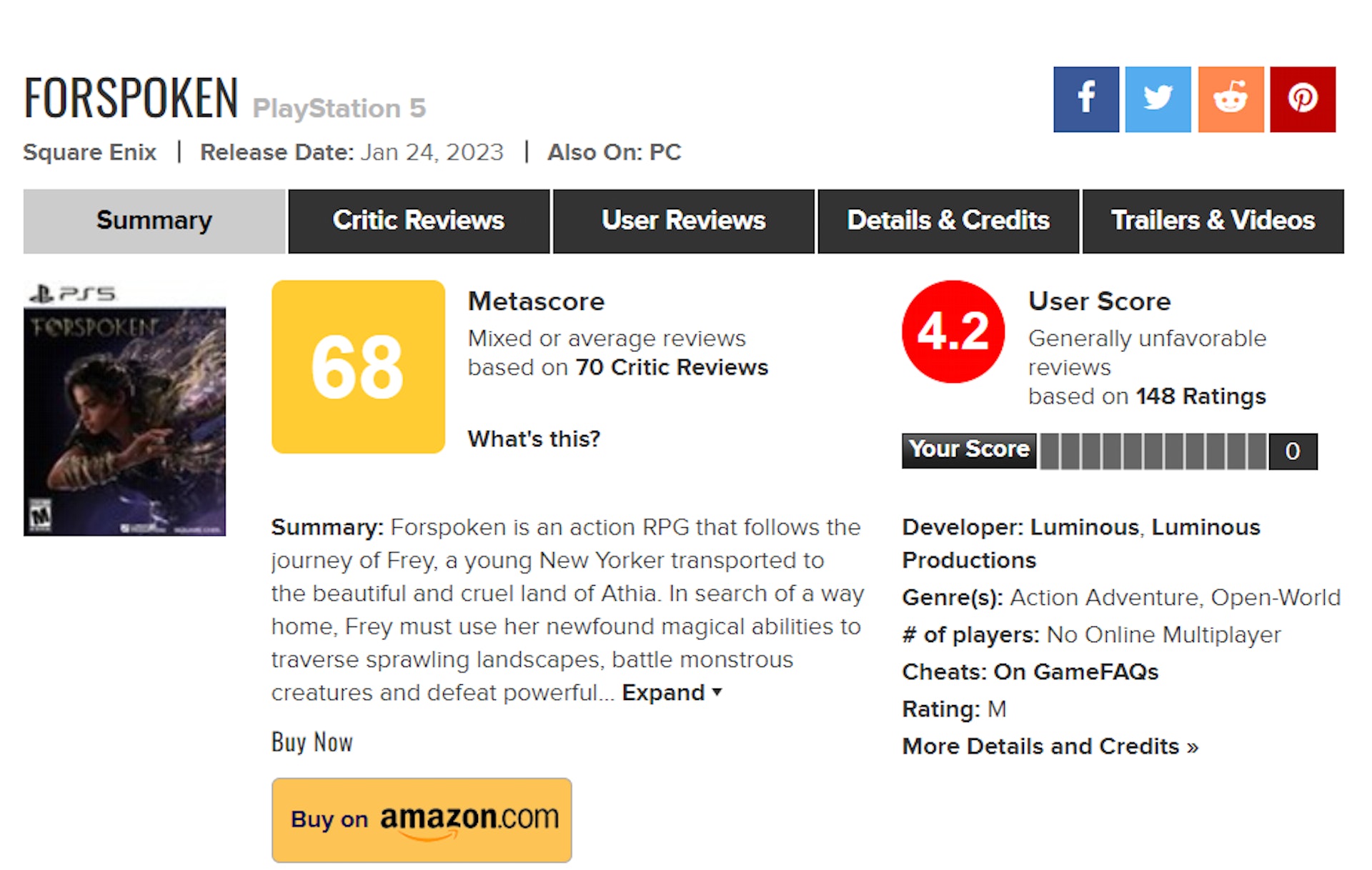 Forspoken目前評價一般。(Metacritic) Forspoken目前評價一般。(Metacritic)