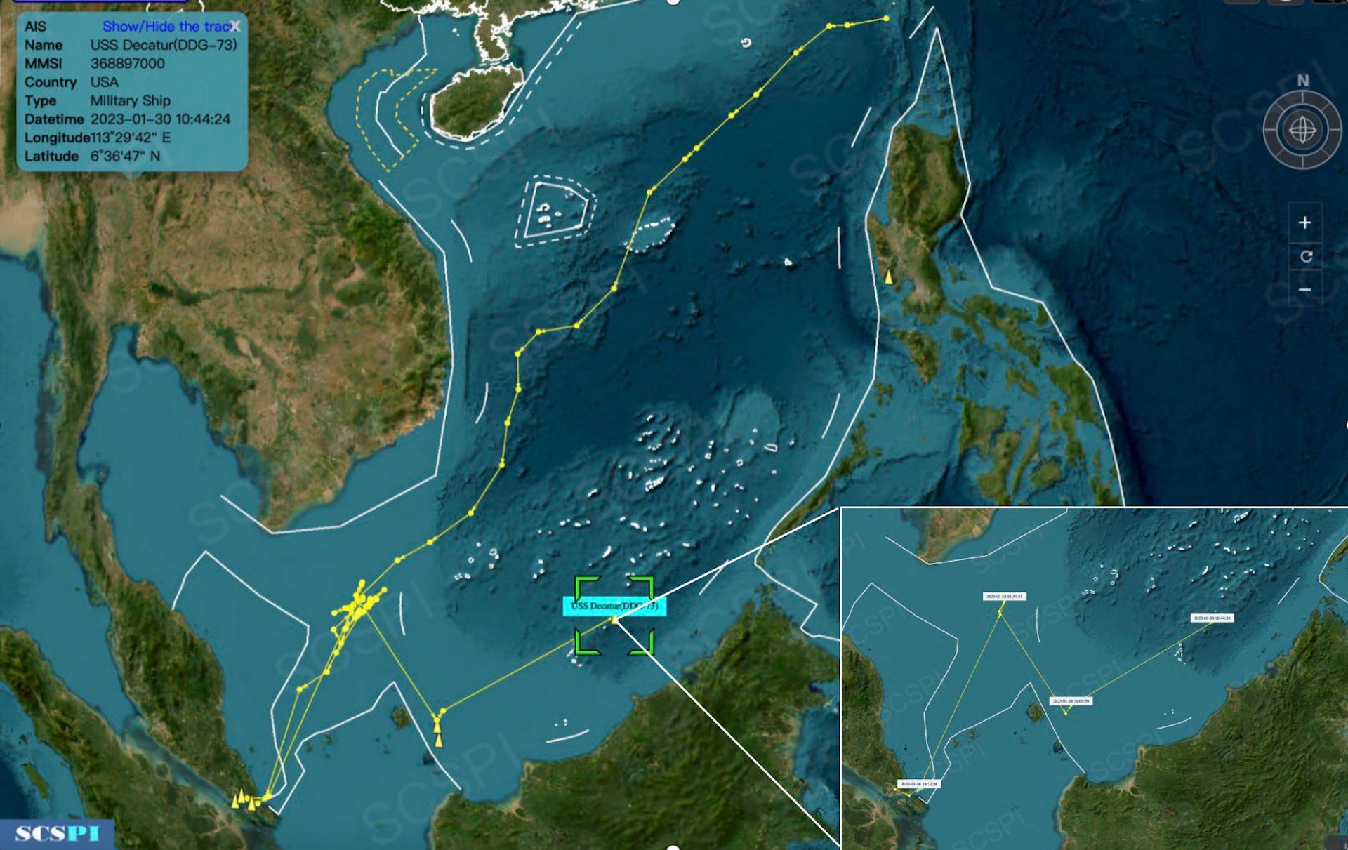 南海戰略態勢感知計劃(SCSPI)消息,美國海軍驅逐艦狄卡特號(USS Decatur),1月30日上午逼近南沙群島。(Twitter@SCS_PI) 南海戰略態勢感知計劃(SCSPI)消息,美國海軍驅逐艦狄卡特號(USS Decatur),1月30日上午逼近南沙群島。(Twitter@SCS_PI)