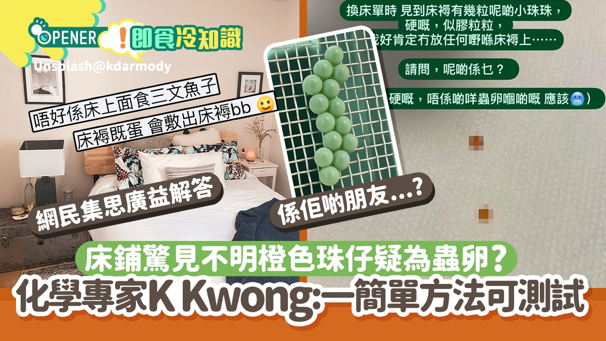 床鋪驚見不明橙色珠疑為蟲卵？化學博士K Kwong:可一簡單方法測試
