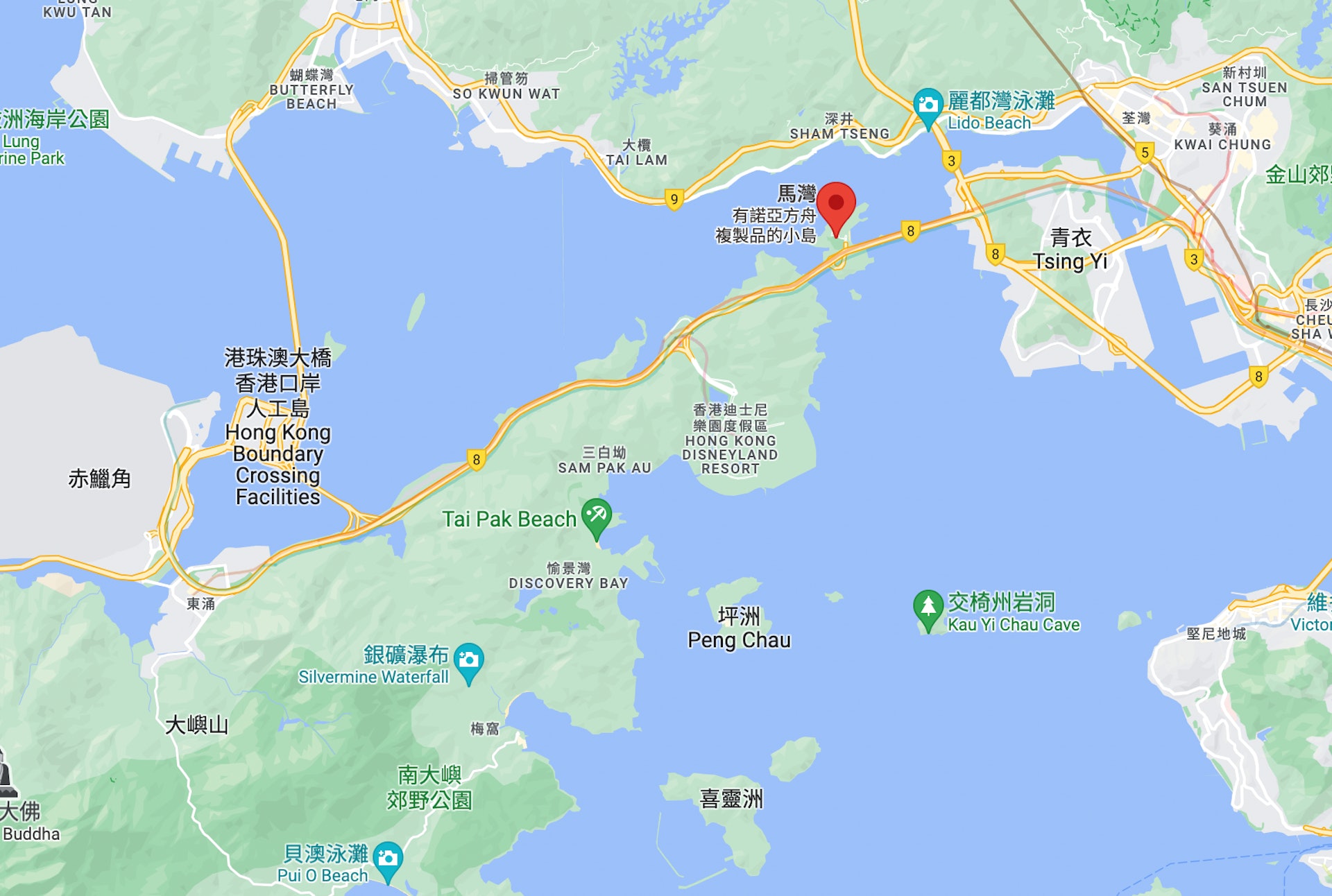 馬灣是在大嶼山與青衣之間的一個島嶼,以青馬大橋和汲水門大橋連接。(自由旅生授權使用) 馬灣是在大嶼山與青衣之間的一個島嶼,以青馬大橋和汲水門大橋連接。(自由旅生授權使用)
