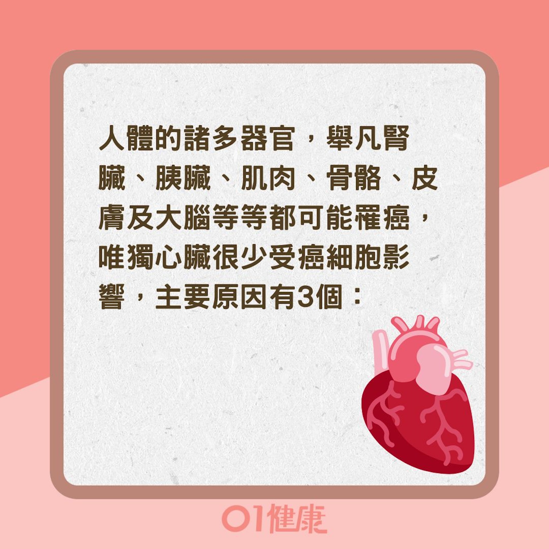 心臟不易罹癌3大原因(01製圖) 心臟不易罹癌3大原因(01製圖)