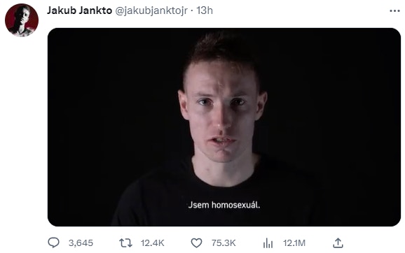 捷克國腳積及贊圖（Jakub Jankto）上載影片並自稱：「我是同性戀者」（I am homosexual）。（Twitter截圖）