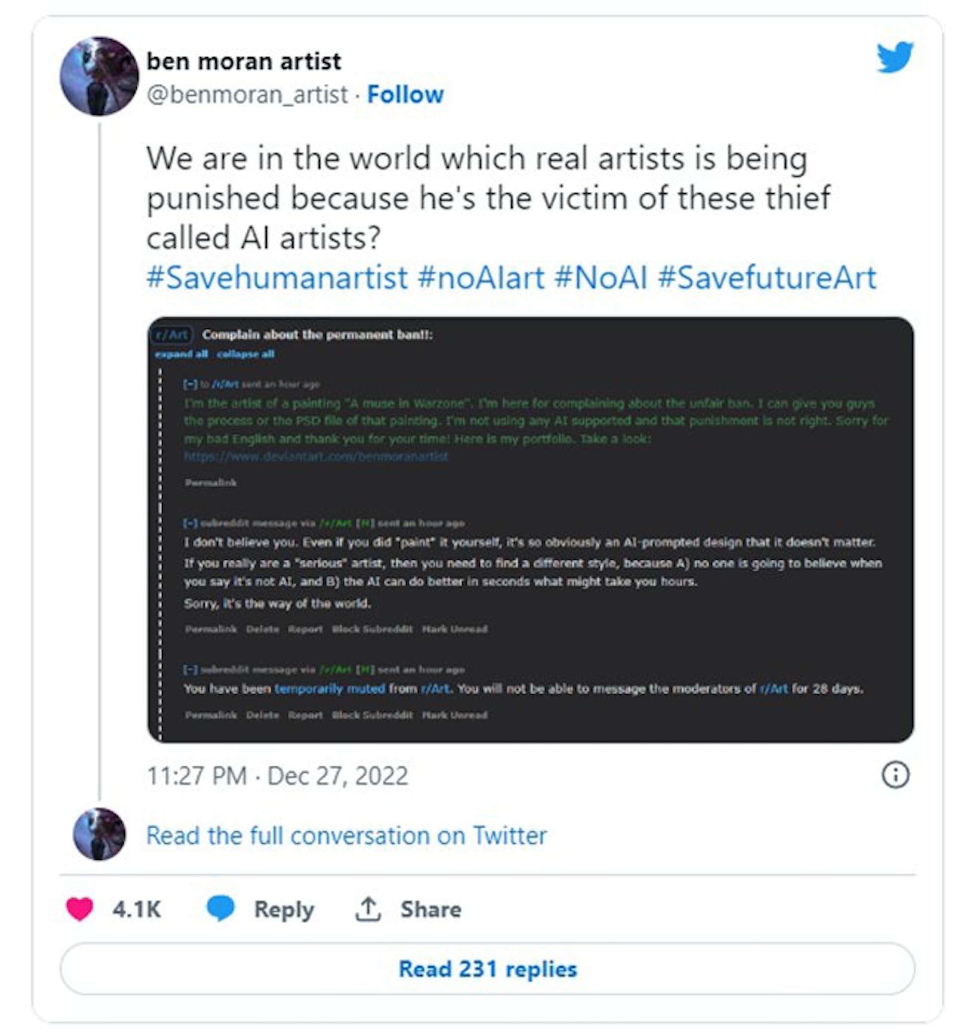 在Reddit沒法分享自己的作品感受,Moran在twitter上慨歎:「我們活在一個真人畫家要受到這些所謂AI畫家懲罰的時代。」(twitter@benmoran_artist) 在Reddit沒法分享自己的作品感受,Moran在twitter上慨歎:「我們活在一個真人畫家要受到這些所謂AI畫家懲罰的時代。」(twitter@benmoran_artist)