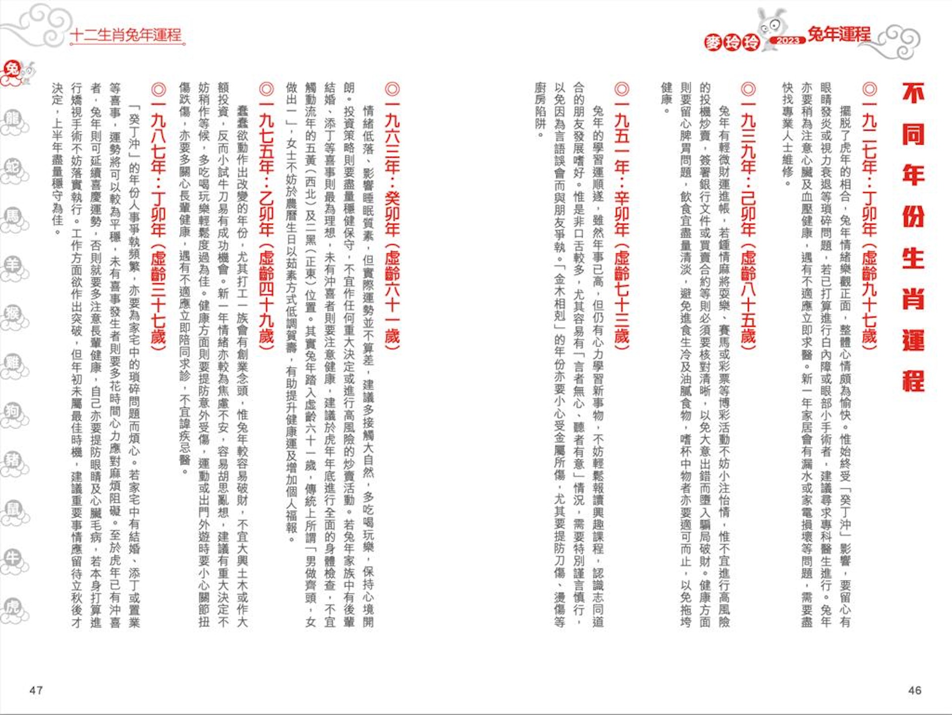 麥「不同年份生肖運程」 VS 唐「不同出生年份運程」當中所屬中西曆年份及虛齡完全相同,而內文麥寫「避免進食生冷及油膩食物」、「學習運順遂」,而唐則是「切忌進食過多油膩、煎炸食物」、「今年為適宜學習的年份」。 麥「不同年份生肖運程」 VS 唐「不同出生年份運程」當中所屬中西曆年份及虛齡完全相同,而內文麥寫「避免進食生冷及油膩食物」、「學習運順遂」,而唐則是「切忌進食過多油膩、煎炸食物」、「今年為適宜學習的年份」。