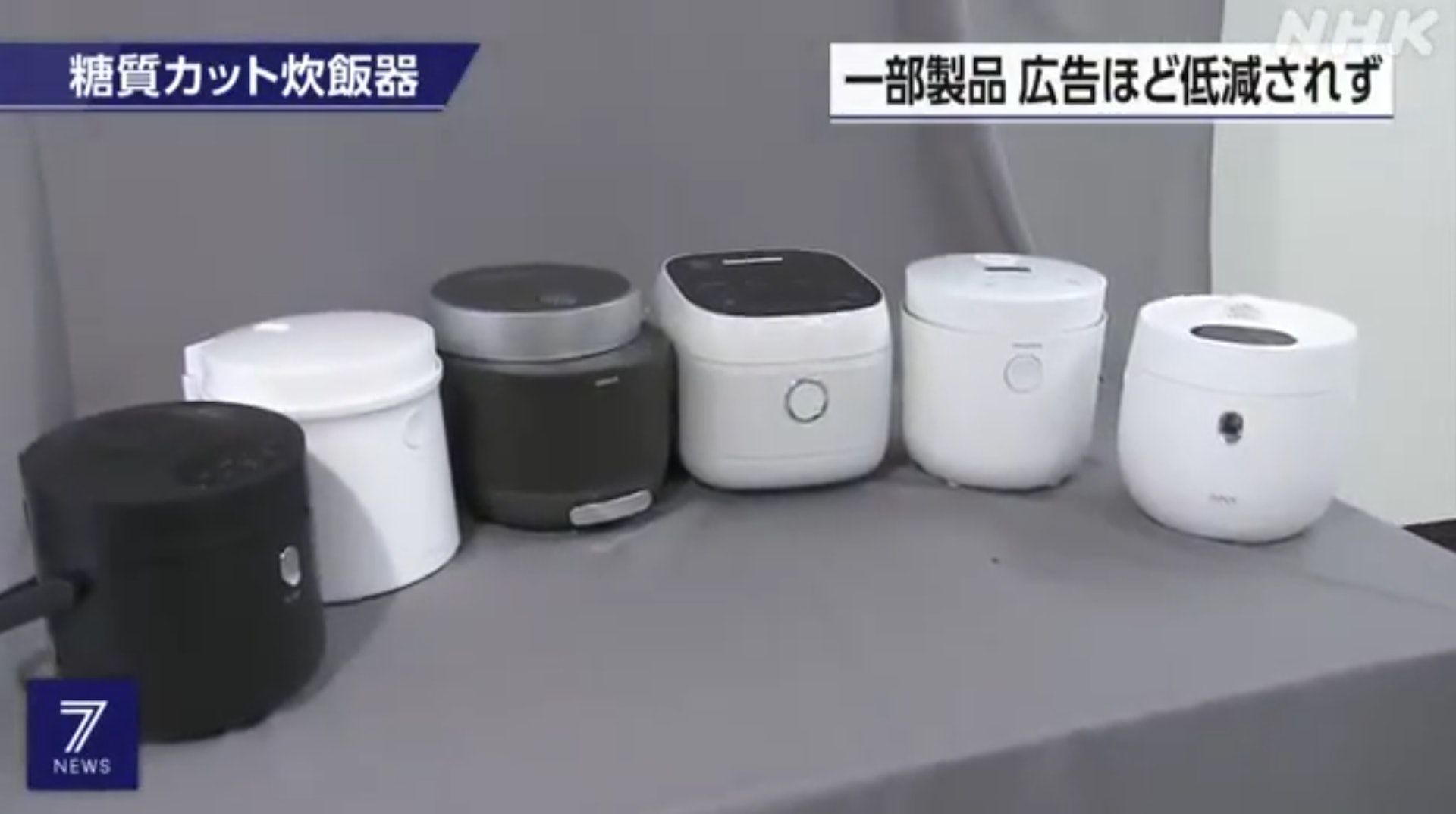 日本多家品牌也推出「減醣電飯煲」，號稱可以大幅減少醣類攝取，吸引消費者購買。然而，日本國民生活中心實測後，發現減醣電飯煲煮出來的白飯，含醣總量與一般電飯煲沒有太大差異。（NHK報道截圖）