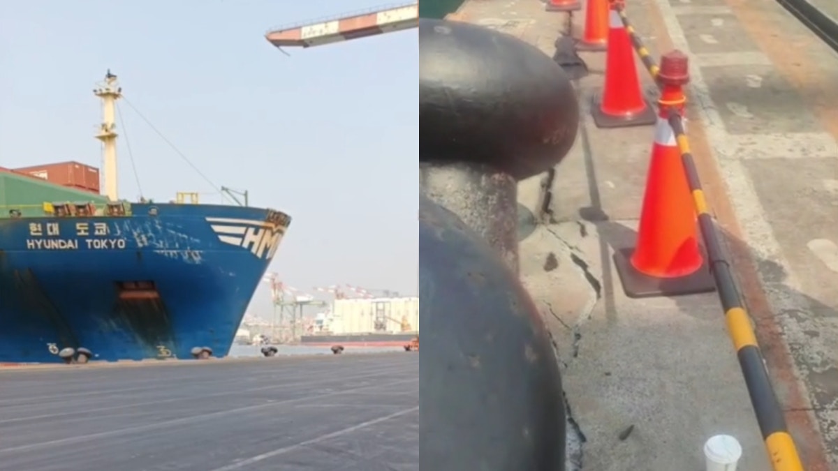 台灣「7萬噸貨櫃輪直撞碼頭」驚嚇影片曝光　威力極強水泥也裂開