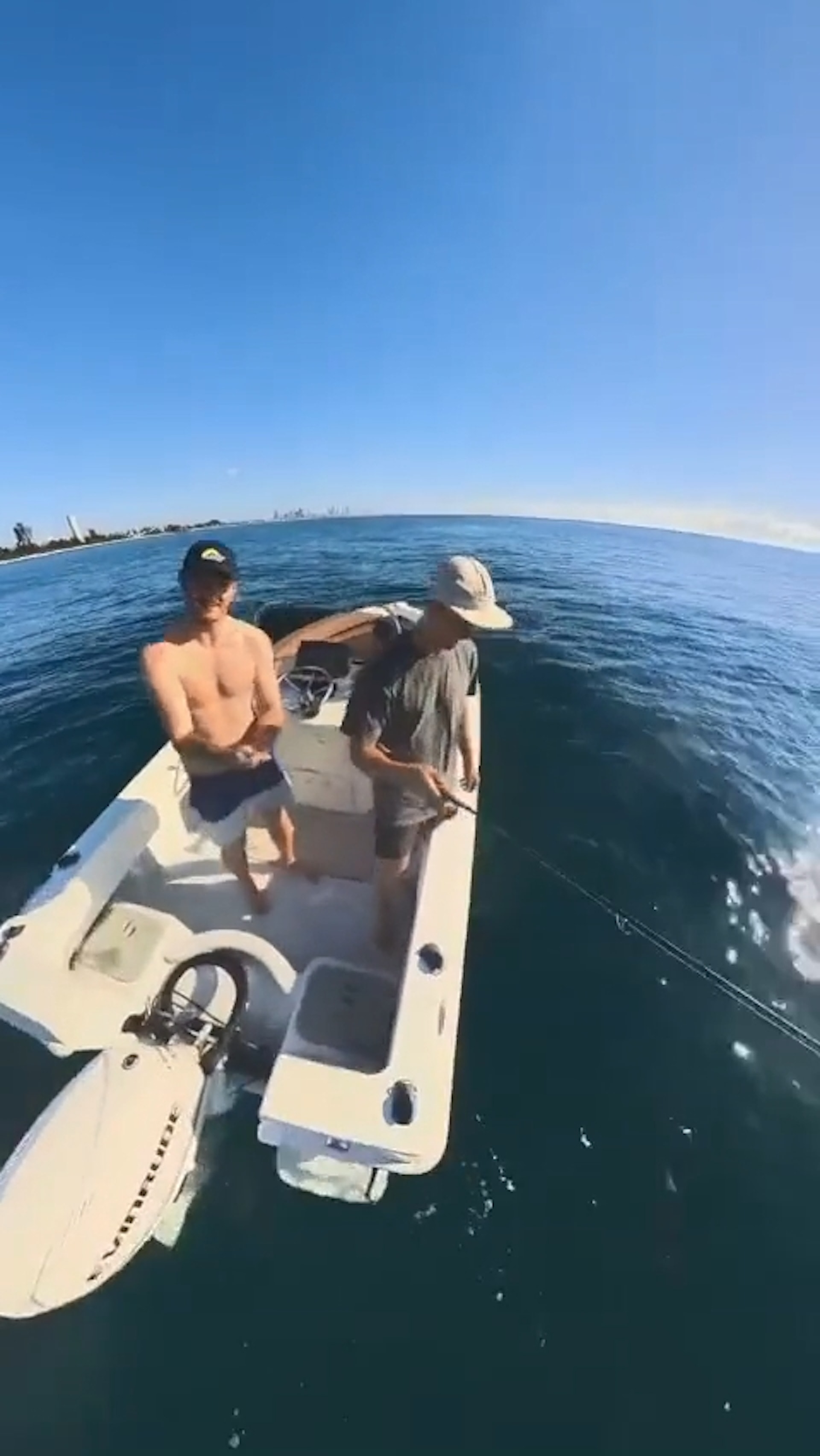 前澳洲美式足球聯賽球員戴維斯和梳爾日前乘小艇出海釣魚,意外發現水底有大批短尾真鯊。(「Gold Coast Bulletin」TikTok影片截圖) 前澳洲美式足球聯賽球員戴維斯和梳爾日前乘小艇出海釣魚,意外發現水底有大批短尾真鯊。(「Gold Coast Bulletin」TikTok影片截圖)