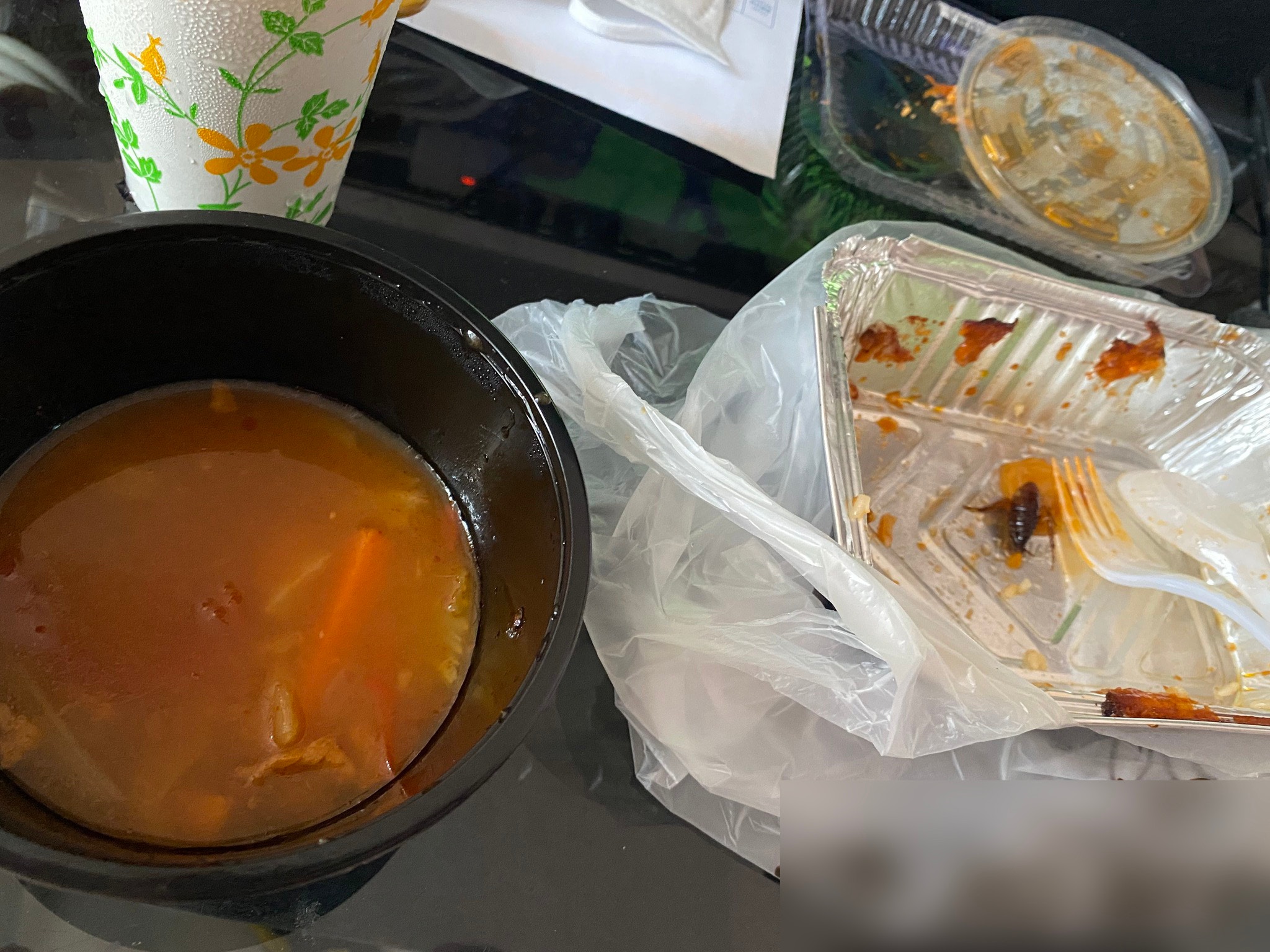有網民日前分享中伏經歷，指在柴灣一茶餐廳購入外賣，喝了半碗羅宋湯才驚見湯內藏着1隻巨型昆蟲。（fb「東區＆柴灣人好多事~」圖片）