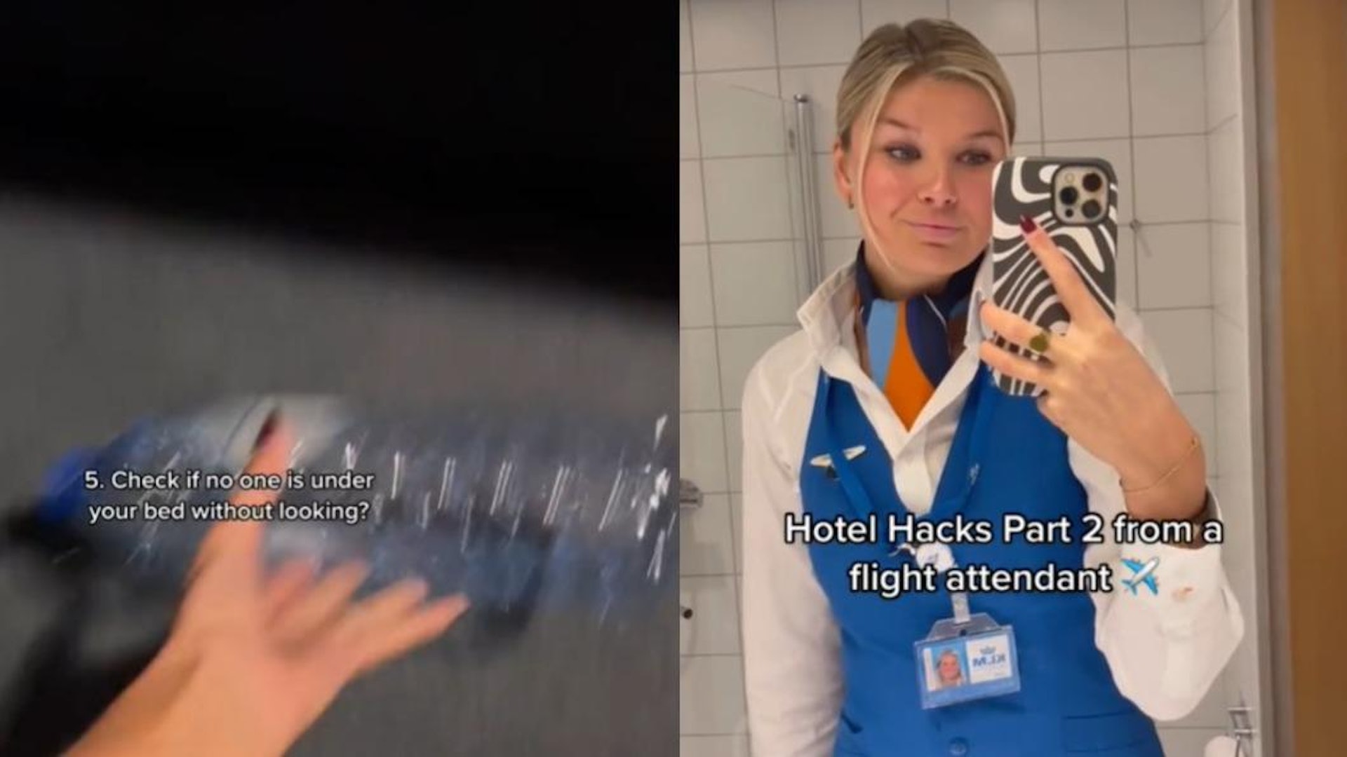 荷蘭皇家航空(KLM)空中服務員Esther在tiktok拍片分享「外出住宿小技巧」,包括將水瓶往床底下丟、利用手機鏡頭的燈光照窗簾、把一隻鞋子放保險櫃中等保障個人安全以及提醒自己不要遺下貴重物品的貼士。(@esthertravels TikTok) 荷蘭皇家航空(KLM)空中服務員Esther在tiktok拍片分享「外出住宿小技巧」,包括將水瓶往床底下丟、利用手機鏡頭的燈光照窗簾、把一隻鞋子放保險櫃中等保障個人安全以及提醒自己不要遺下貴重物品的貼士。(@esthertravels TikTok)