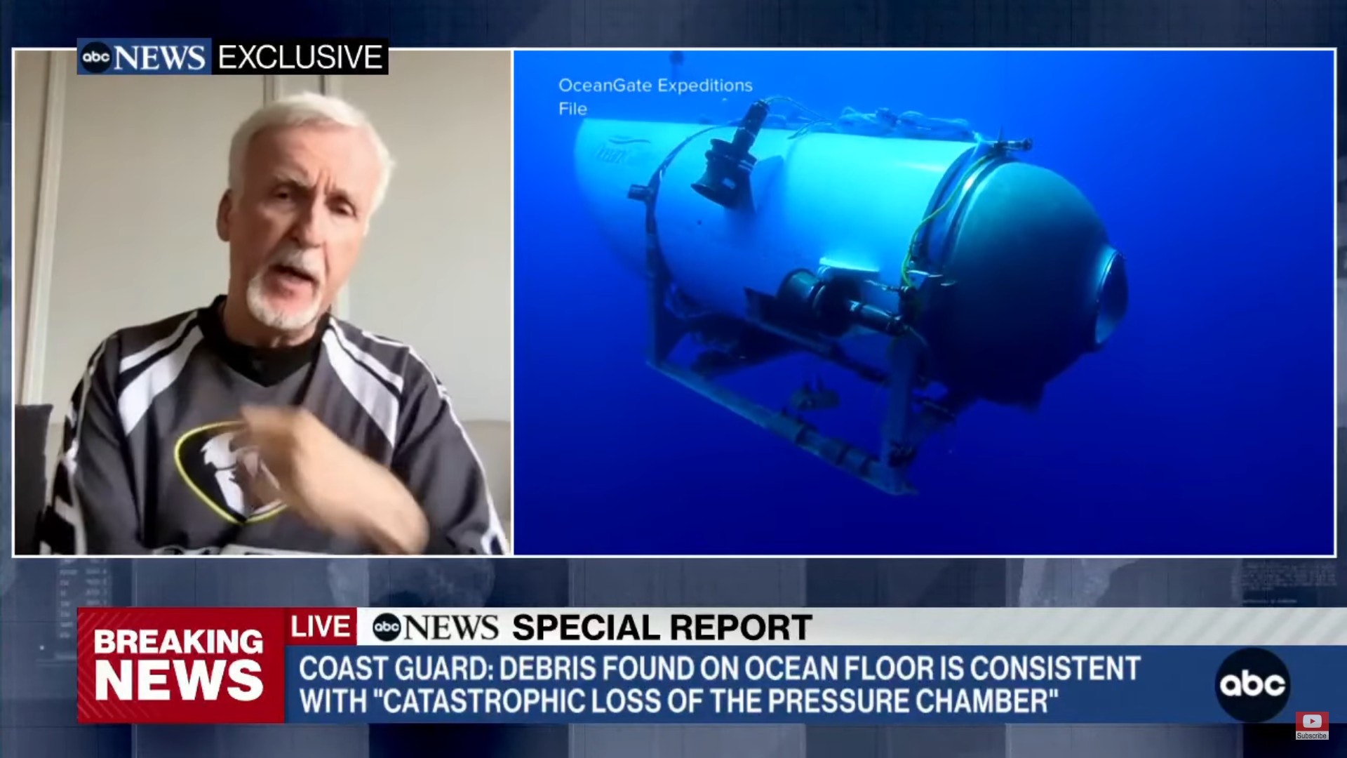 占士金馬倫批評營運泰坦號的公司「海洋之門」總裁Stockton Rush釀慘劇。(片段畫面)