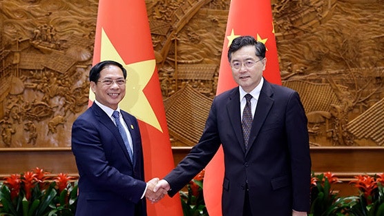 中國國務委員兼外長秦剛2023年6月25日，在北京會見陪同越南總理范明政訪華的越南外長裴青山。（中國外交部照片）