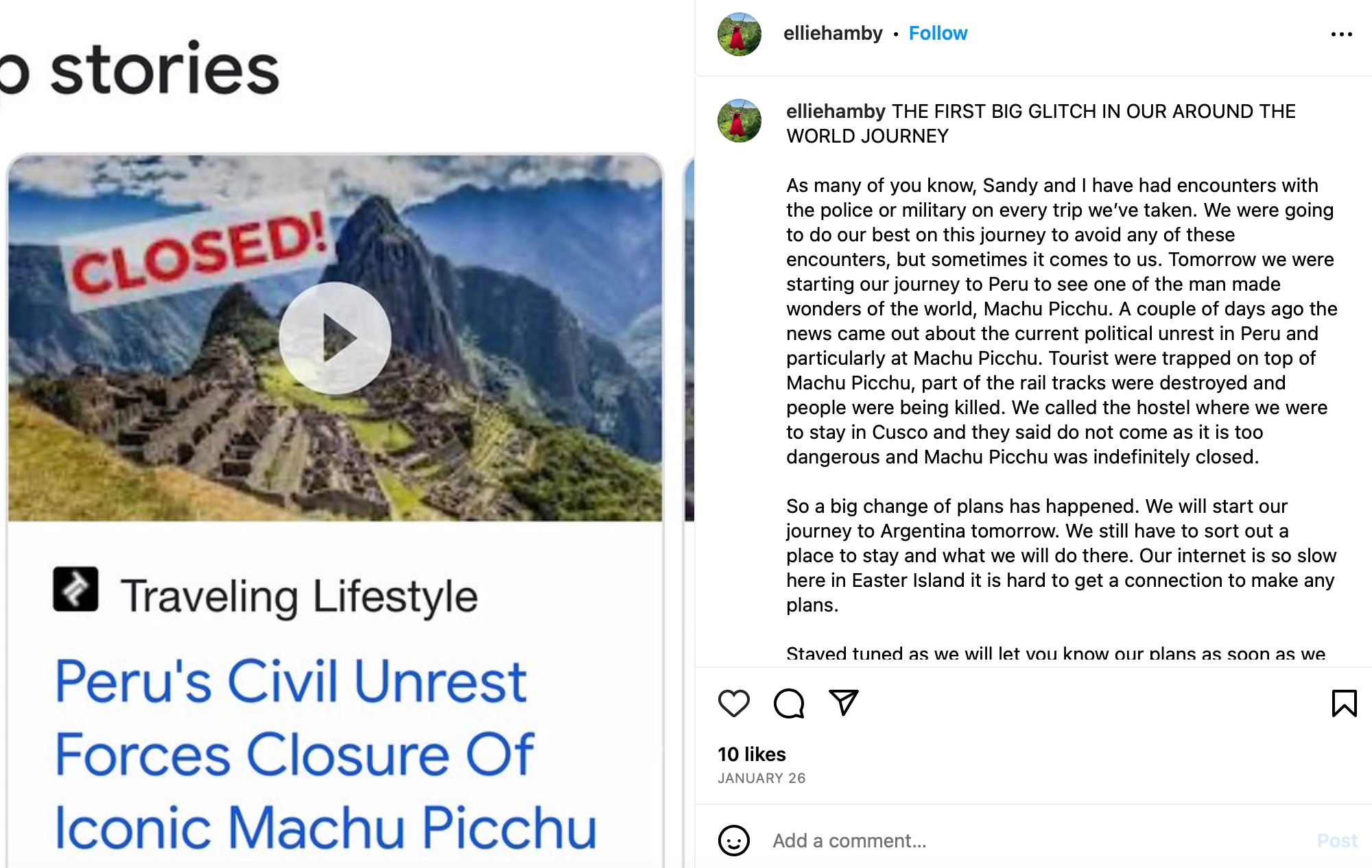 剛好碰上秘魯政治動蕩的情況，她們只好重新定立過新的旅行計劃以及住宿（IG@elliehamby）