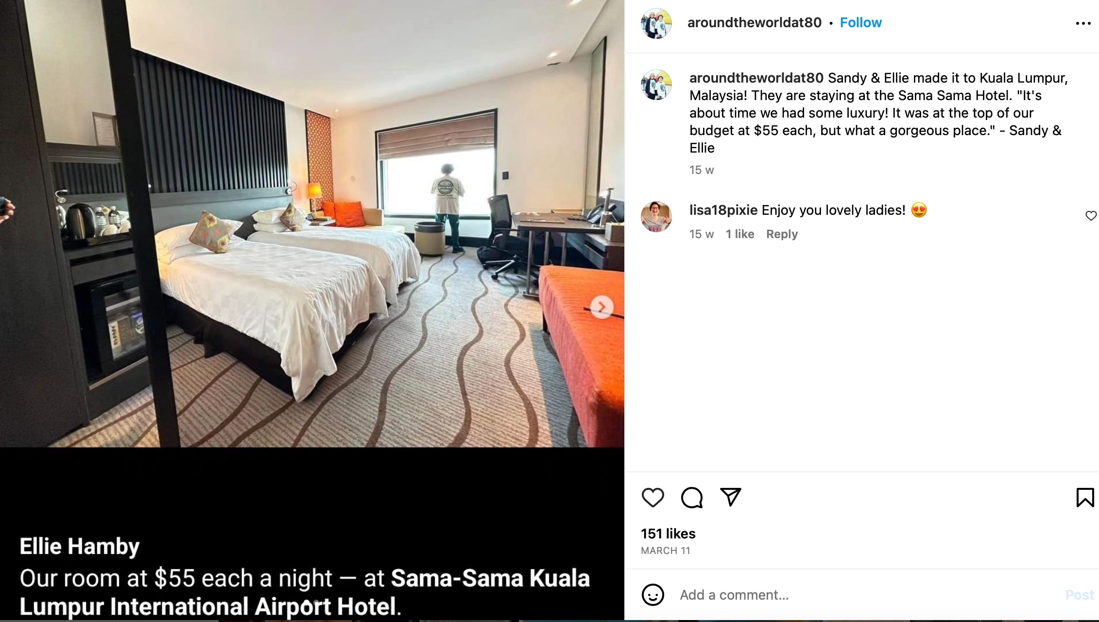 80天旅程中只得1次入住「高級酒店」，其餘時間都會入住當地性價比高的airbnb、小旅館等（IG@aroundtheworldat80）