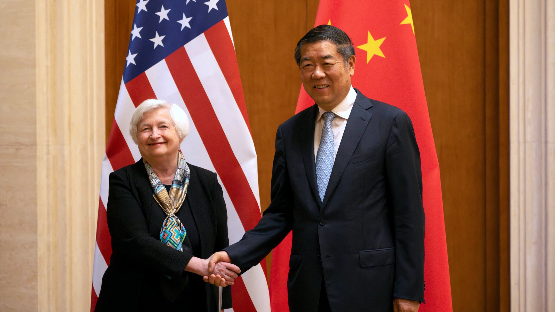 美國財長耶倫（Janet Yellen）2023年7月8日在北京會晤中國國務院副總理何立峰（Reuters）