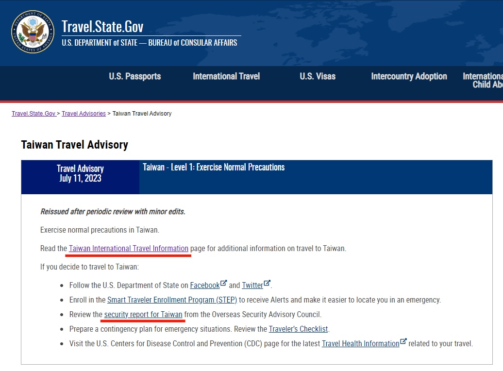 美台关系：美国国务院网站2023年7日11日更新对台旅游建议（Travel Advisory），未有调整警示级别，，但将之前两处使用「国家」（Country）一词的字眼替换成「台湾」（Taiwan）。 图为2023年7月11日，美国国务院网站上显示对台旅游建议的网页截图。 （美国务院网站）