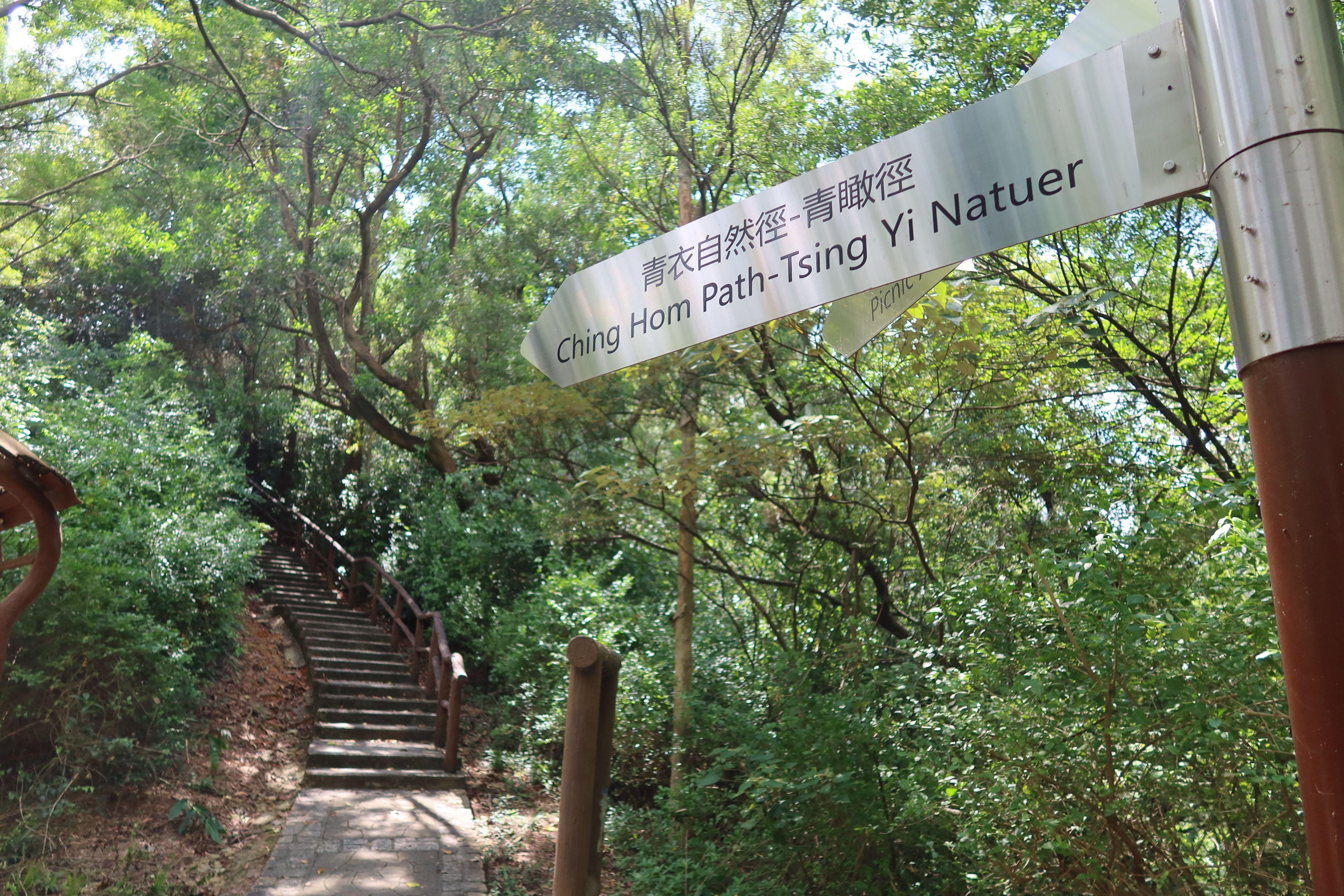 7月27日，青衣自然徑的指示牌串字成「Tsing Yi Natuer」，而正確應是跟舊石雕和告示牌為「Tsing Yi Nature Trails」。（孔繁栩攝）