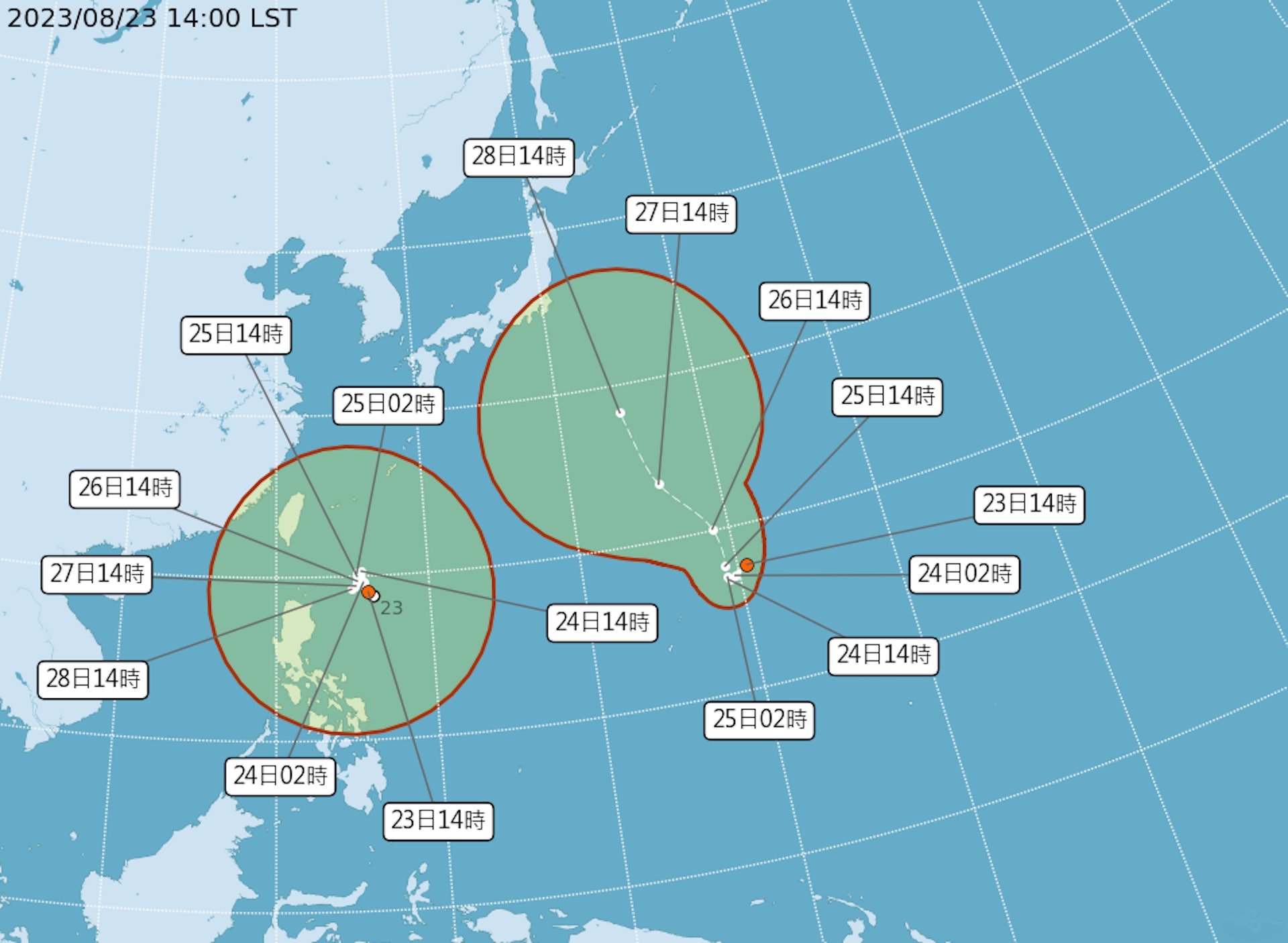 台灣中央氣象局8月23日公布的預報顯示,在西北太平洋有兩個熱帶氣旋正在發展。(台灣中央氣象局網頁圖片) 台灣中央氣象局8月23日公布的預報顯示,在西北太平洋有兩個熱帶氣旋正在發展。(台灣中央氣象局網頁圖片)
