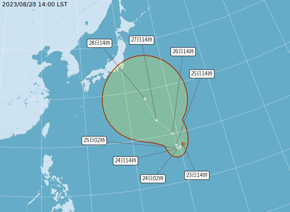 台灣中央氣象局8月23日公布的預報顯示，在西北太平洋有兩個熱帶氣旋正在發展。距離台灣較遠的一個，料會逐步逼近日本。（台灣中央氣象局網頁圖片）