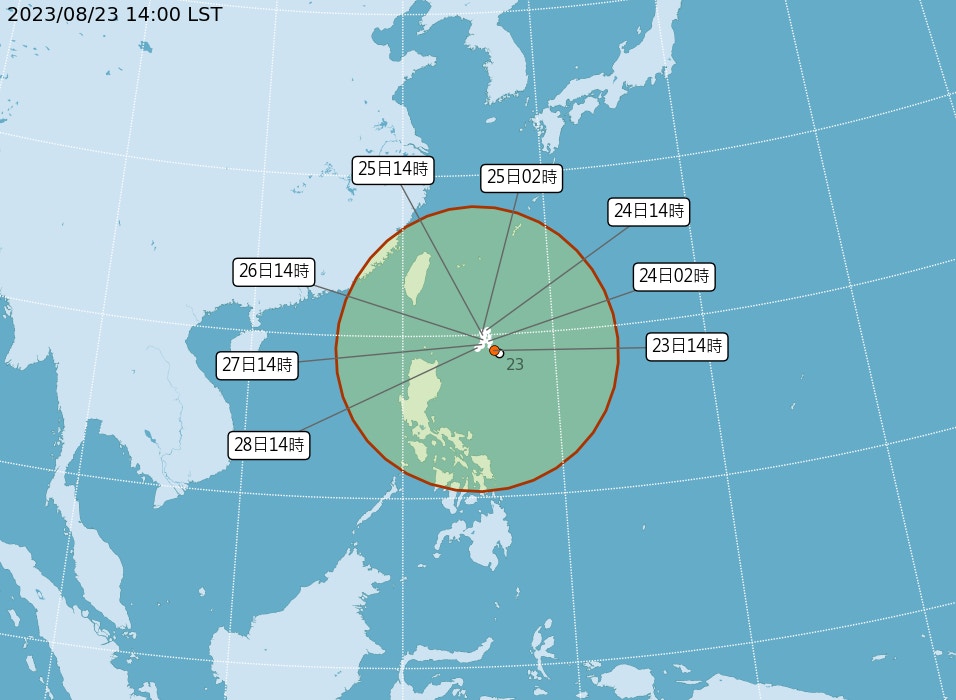 台灣中央氣象局8月23日公布的預報顯示，在西北太平洋有兩個熱帶氣旋正在發展。其中靠近台灣的一個，在未來數日會在同一位置徘徊。（台灣中央氣象局網頁圖片）