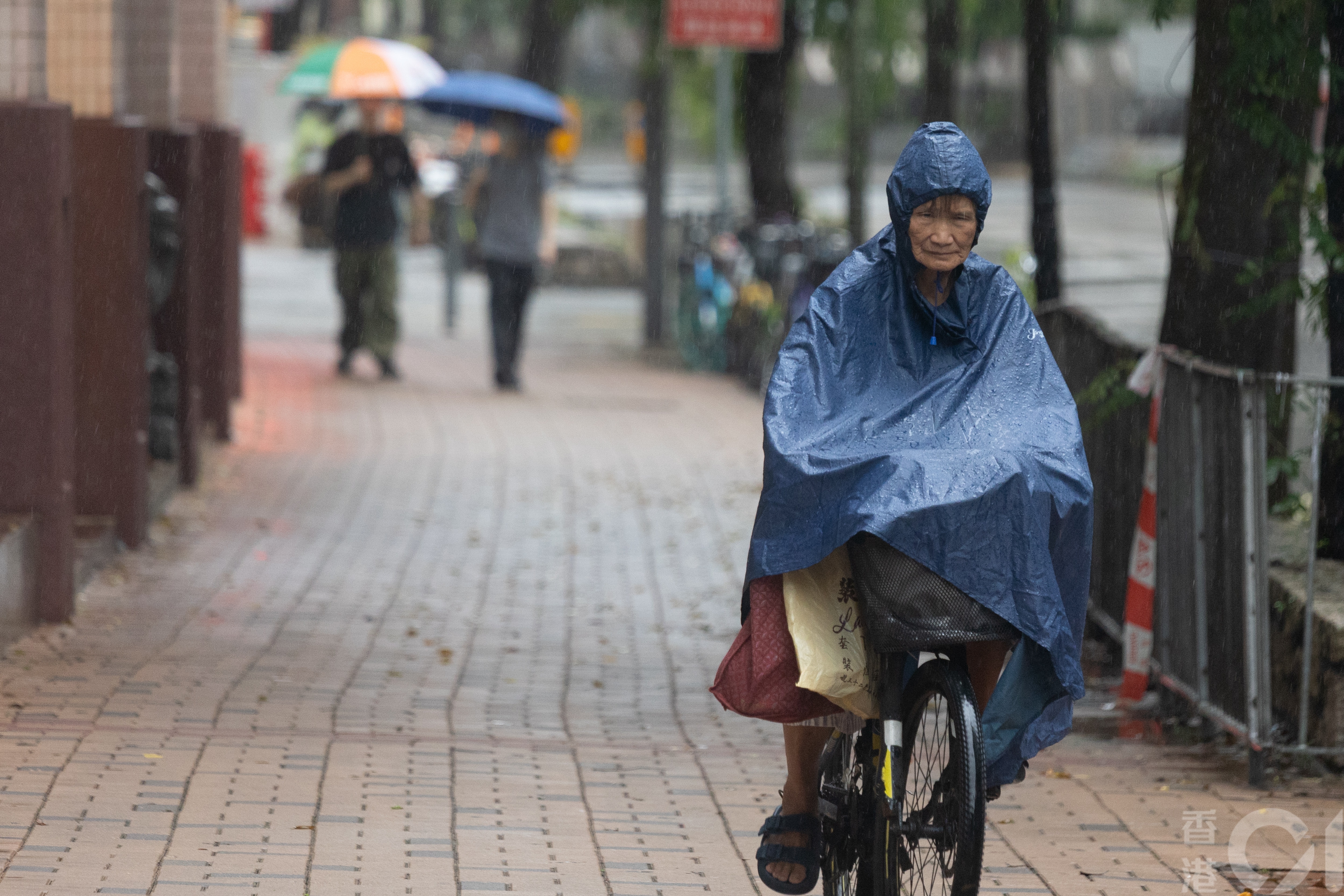 天文台9月14日清晨发出红色暴雨警告，粉岭早上上班时间，有踏单车市民用雨褛包住全身。（林霭怡摄）