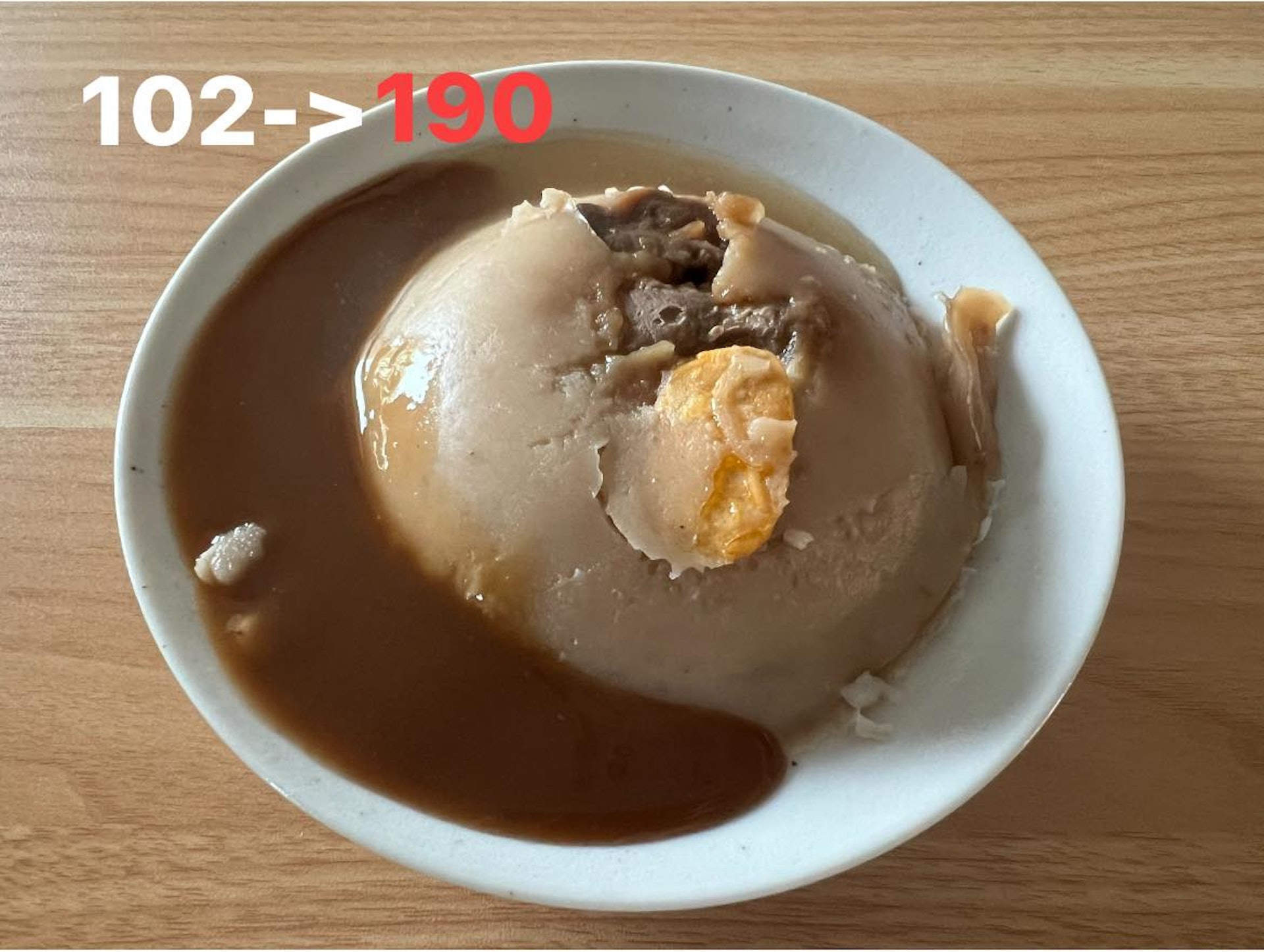 碗粿令到李醫師的血糖指數由102mg/dL升至190mg/dL。(facebook專頁「思思醫師,陪你健康的好朋友」圖片) 碗粿令到李醫師的血糖指數由102mg/dL升至190mg/dL。(facebook專頁「思思醫師,陪你健康的好朋友」圖片)