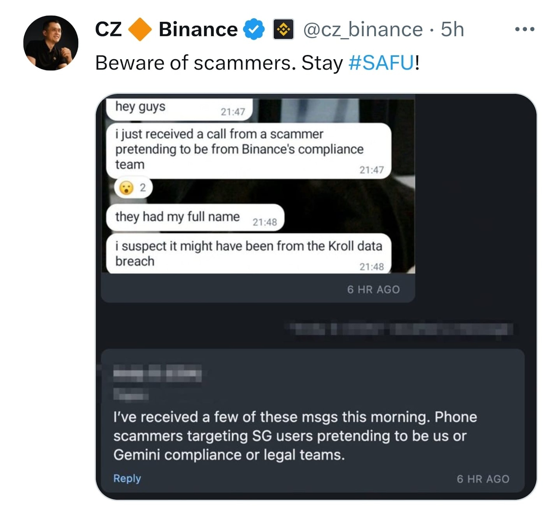 幣安創辦人趙長鵬,亦在其個人X(前稱Twitter)帳戶發帖提醒用戶小心。 幣安創辦人趙長鵬,亦在其個人X(前稱Twitter)帳戶發帖提醒用戶小心。