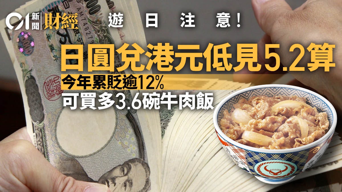 遊日注意|Yen續尋底 每百日圓兌港元低見5.2算 今年累貶逾12% 遊日注意|Yen續尋底 每百日圓兌港元低見5.2算 今年累貶逾12%