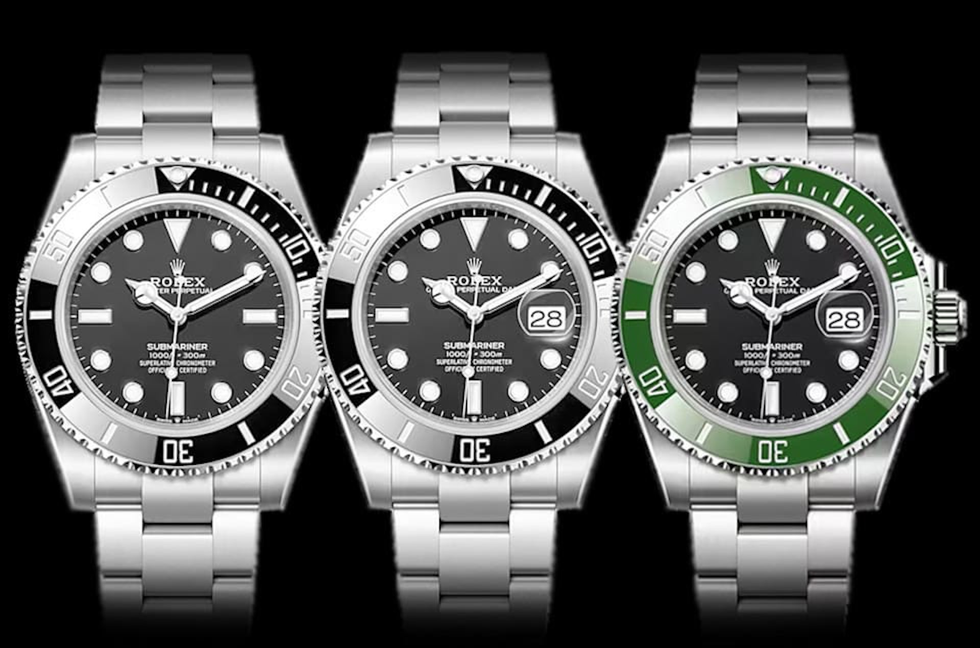 Current Rolex Submariner models with black and green ceramic bezels.