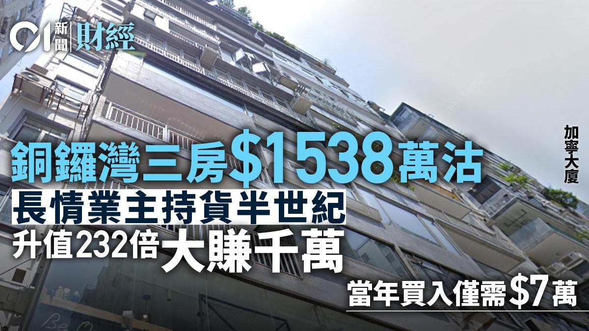 銅鑼灣三房1538萬沽 業主持貨半世紀大賺千萬 當年買入僅需7萬 銅鑼灣三房1538萬沽 業主持貨半世紀大賺千萬 當年買入僅需7萬