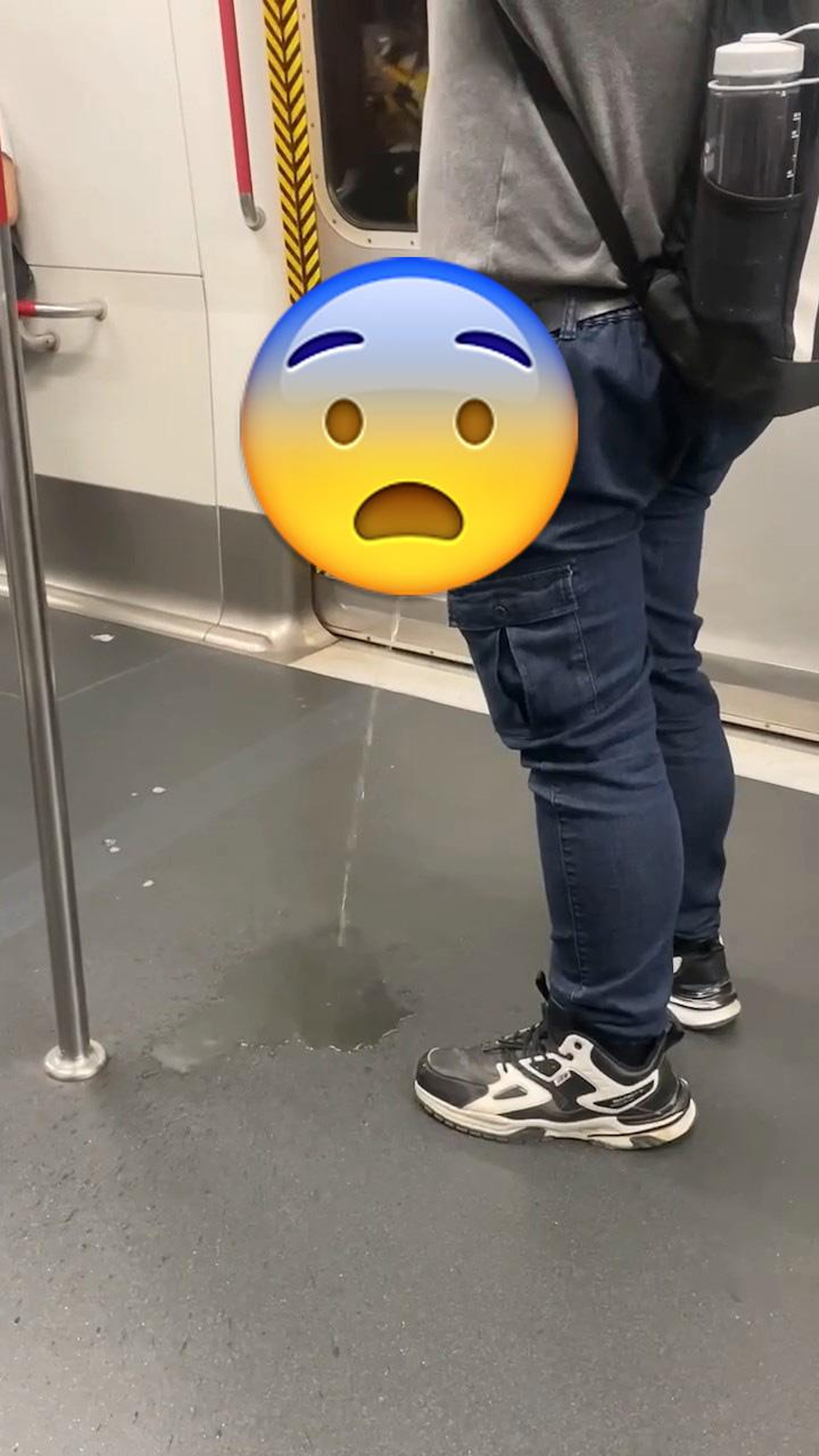 男子在港鐵車廂內中間近扶手柱位置公然站立小便,見到有水柱射到地上。(影片截圖) 男子在港鐵車廂內中間近扶手柱位置公然站立小便,見到有水柱射到地上。(影片截圖)