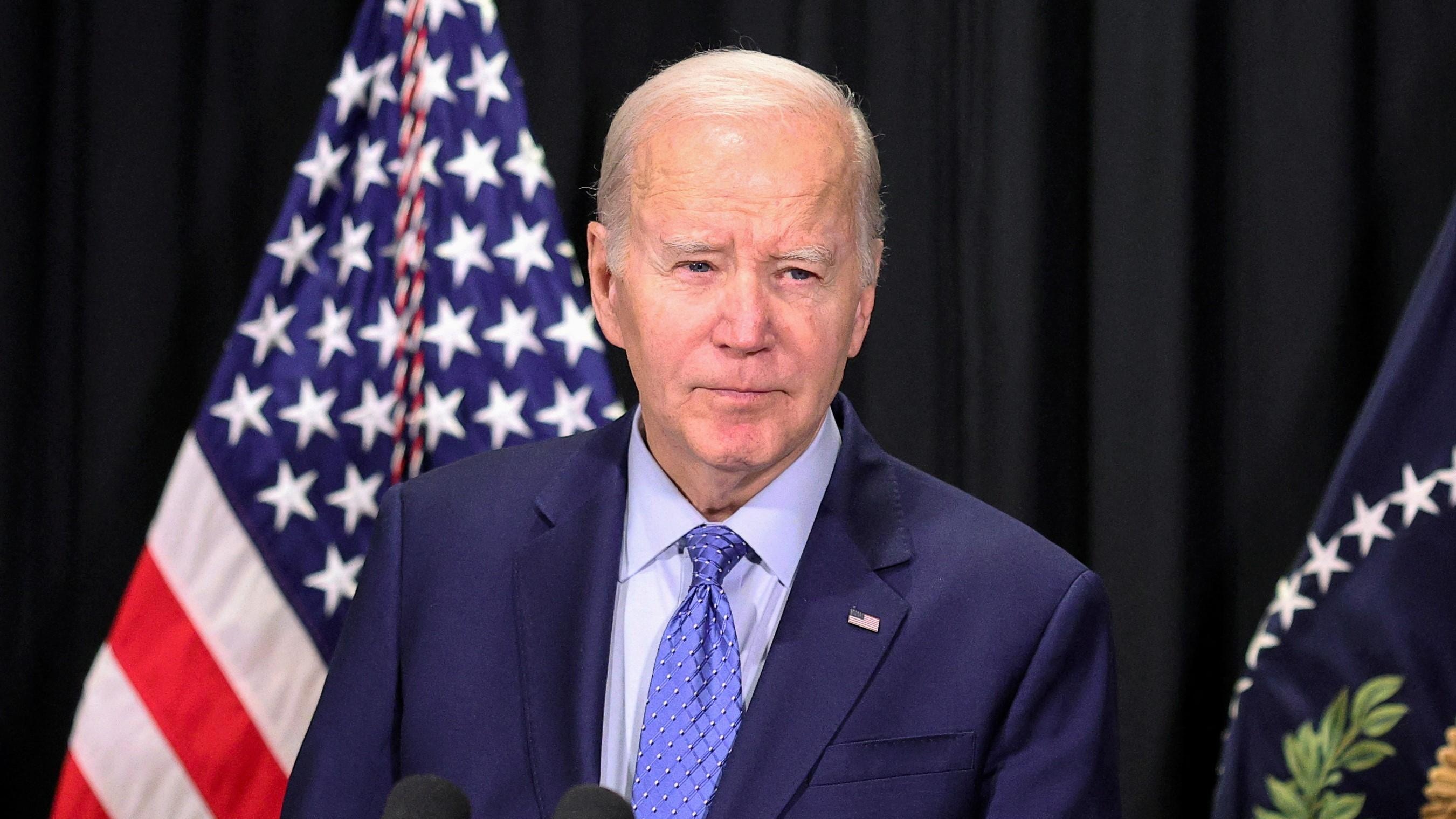 圖為美國總統拜登（Joe Biden）2023年11月26日在麻薩諸塞州舉行記者會。（Reuters）