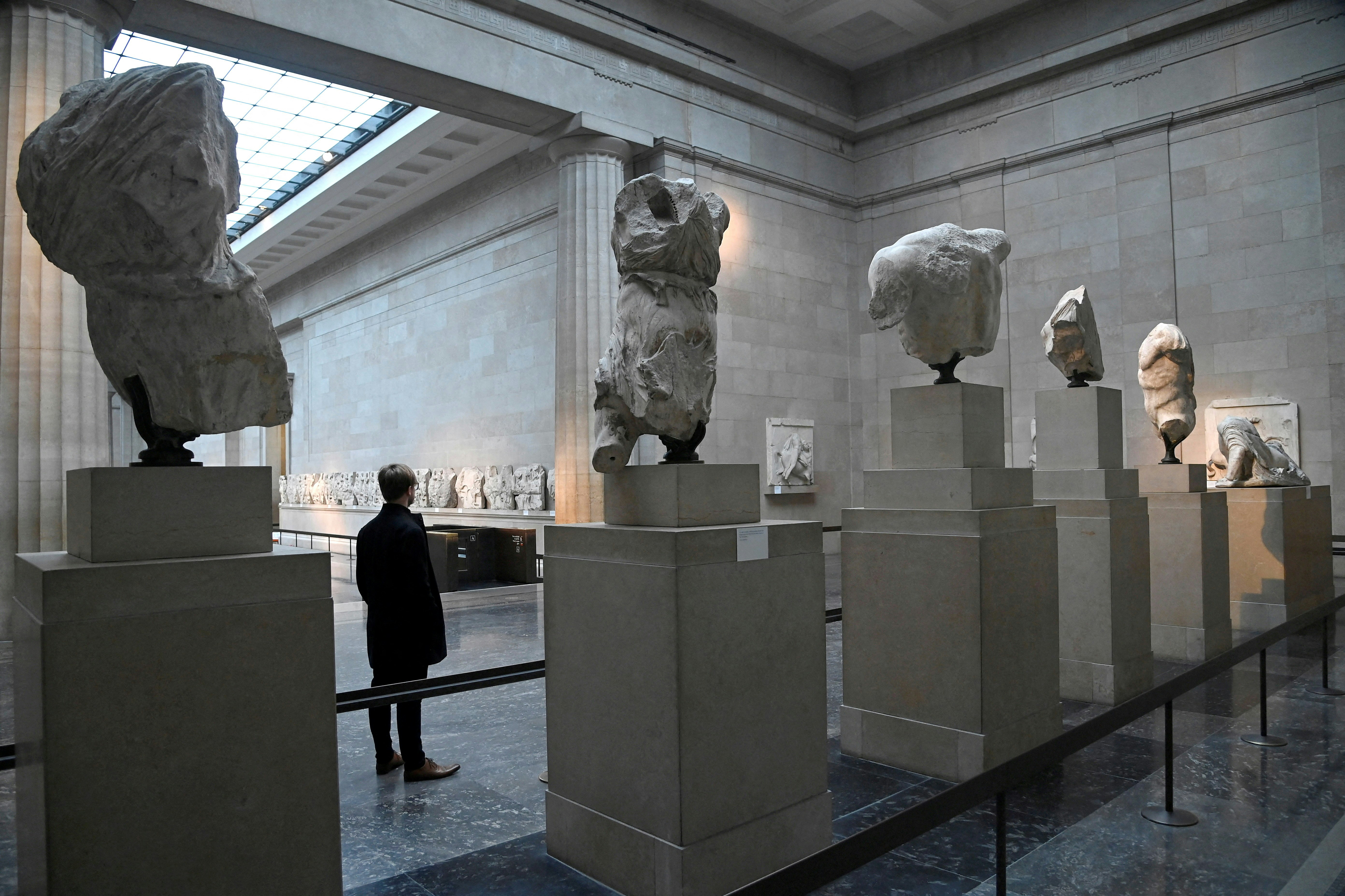 圖為英國大英博物館藏巴特農神殿（Parthenon）雕塑，攝於2023年1月25日。（Reuters）