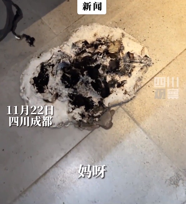 內地1名女子日前將智能垃圾桶放於家中浴室充電，垃圾桶充電期間發生爆炸，連同電線及插頭一併燒成灰燼。（澎湃新聞影片截圖）