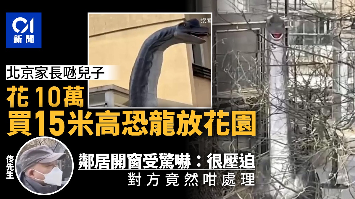 家長為仔開心擲10萬買15米高恐龍擺院中　鄰居開窗受驚嚇：很壓迫