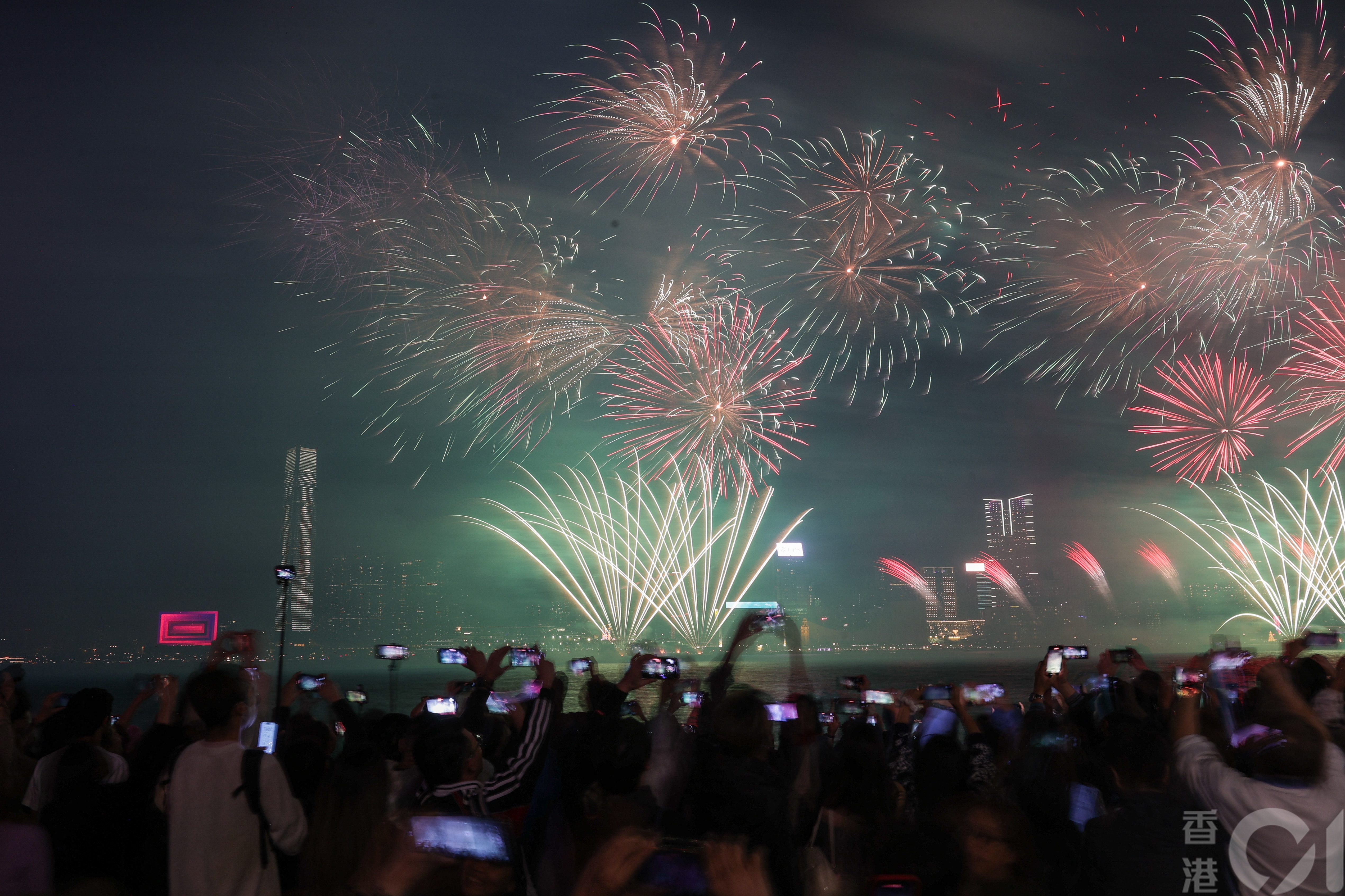 1月1日元旦凌晨煙花倒數匯演上演，在金鐘添馬公園觀賞的市民及遊客不斷歡呼，仿似與煙花爆發聲鬥大聲。（蘇煒然攝）