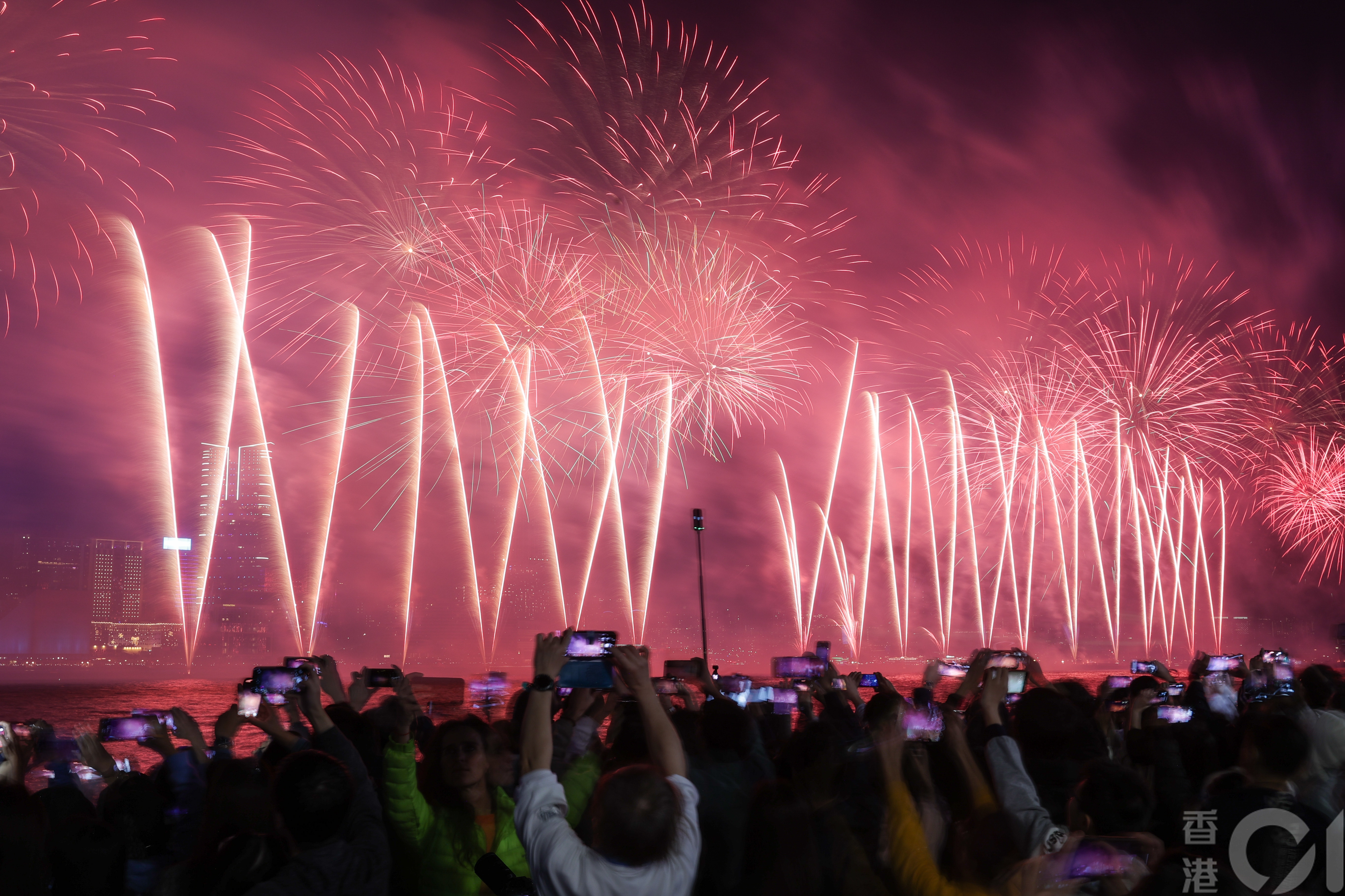 1月1日元旦凌晨煙花倒數匯演上演，在金鐘添馬公園觀賞的市民及遊客不斷歡呼，仿似與煙花爆發聲鬥大聲。（蘇煒然攝）