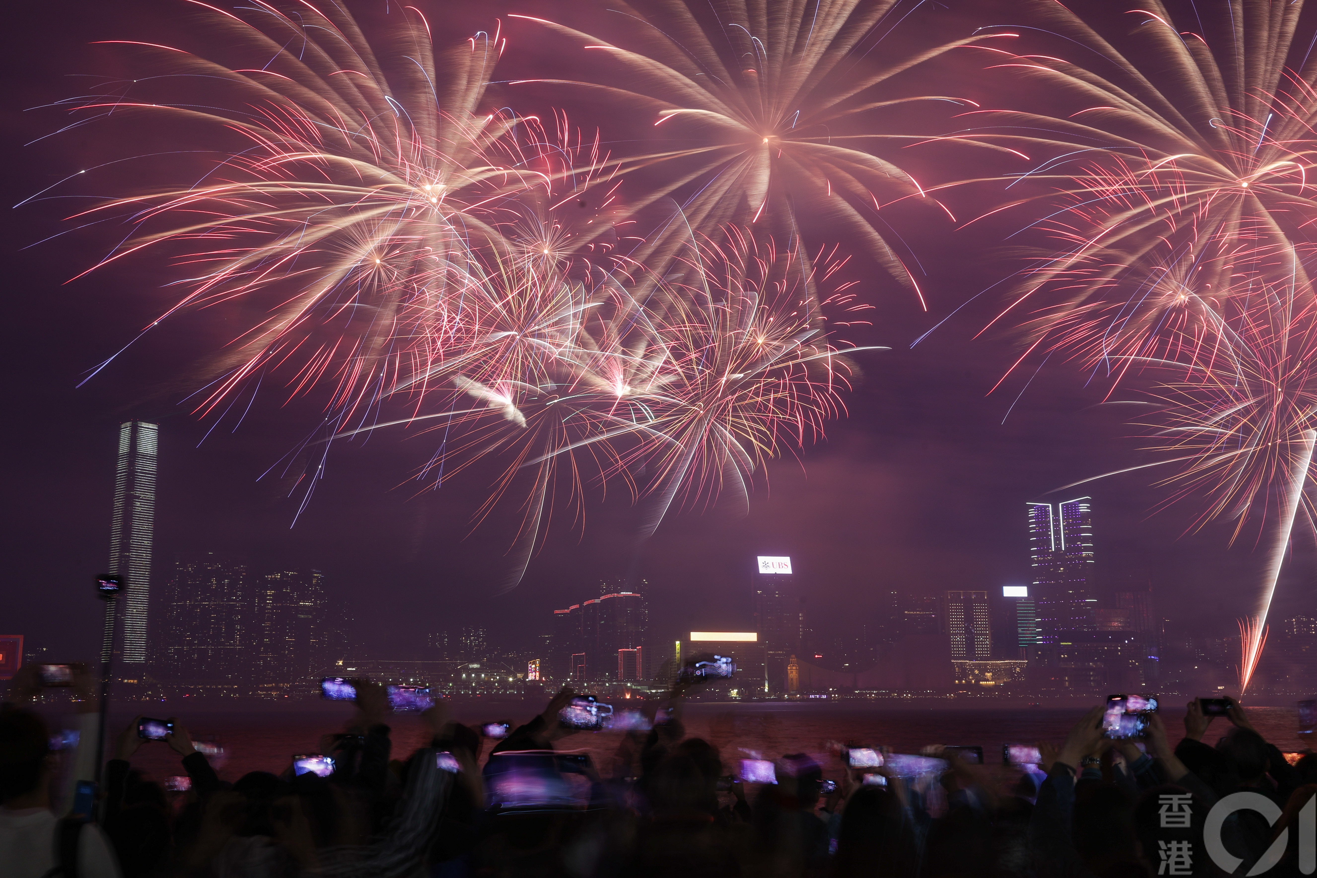 1月1日元旦凌晨煙花倒數匯演上演，在金鐘添馬公園觀賞的市民及遊客不斷歡呼，仿似與煙花爆發聲鬥大聲。（蘇煒然攝）