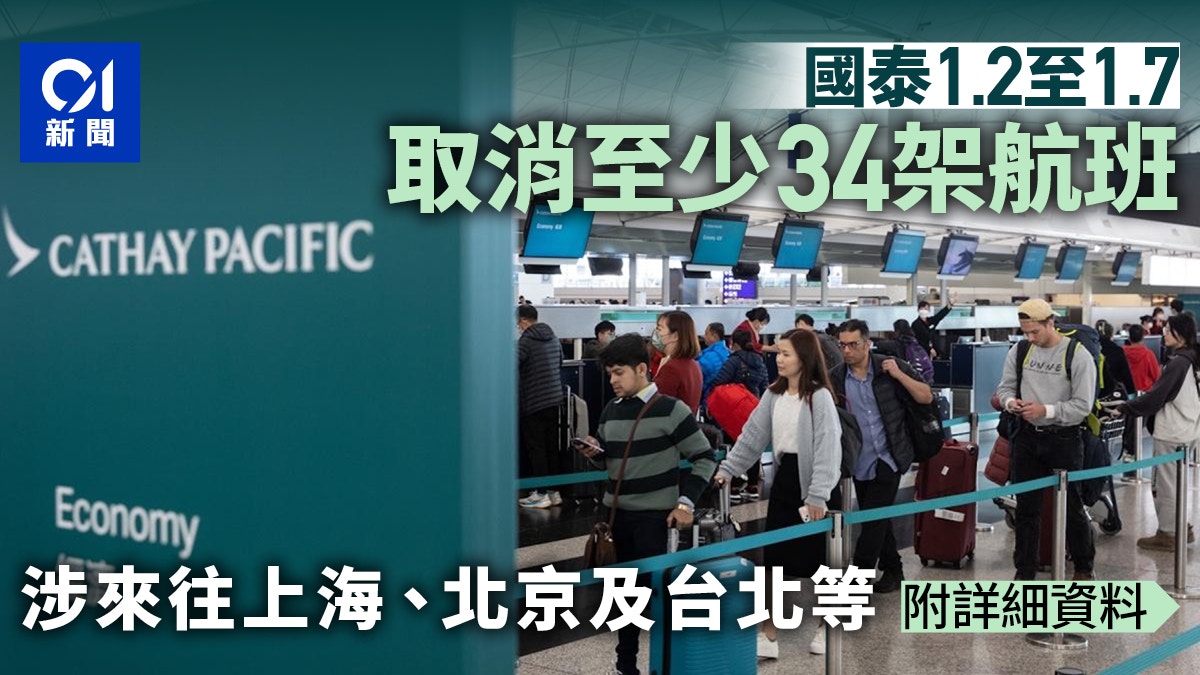 國泰航班｜1.2至1.7取消至少34架航班　涉來往上海、北京及台北等