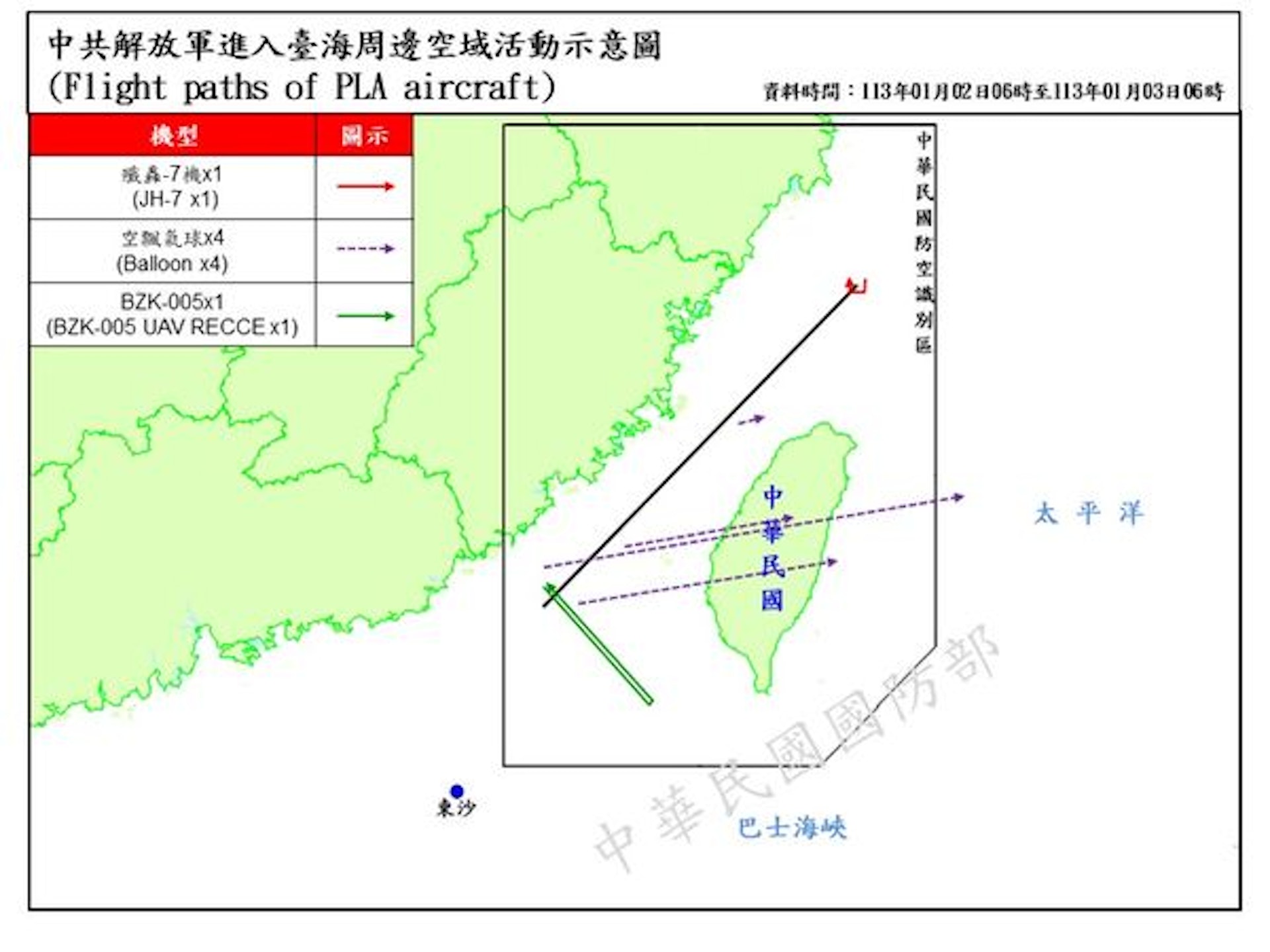 台灣軍方3日公布的共機及中國大陸空飄氣球飛行軌跡示意圖。(台防部提供) 台灣軍方3日公布的共機及中國大陸空飄氣球飛行軌跡示意圖。(台防部提供)