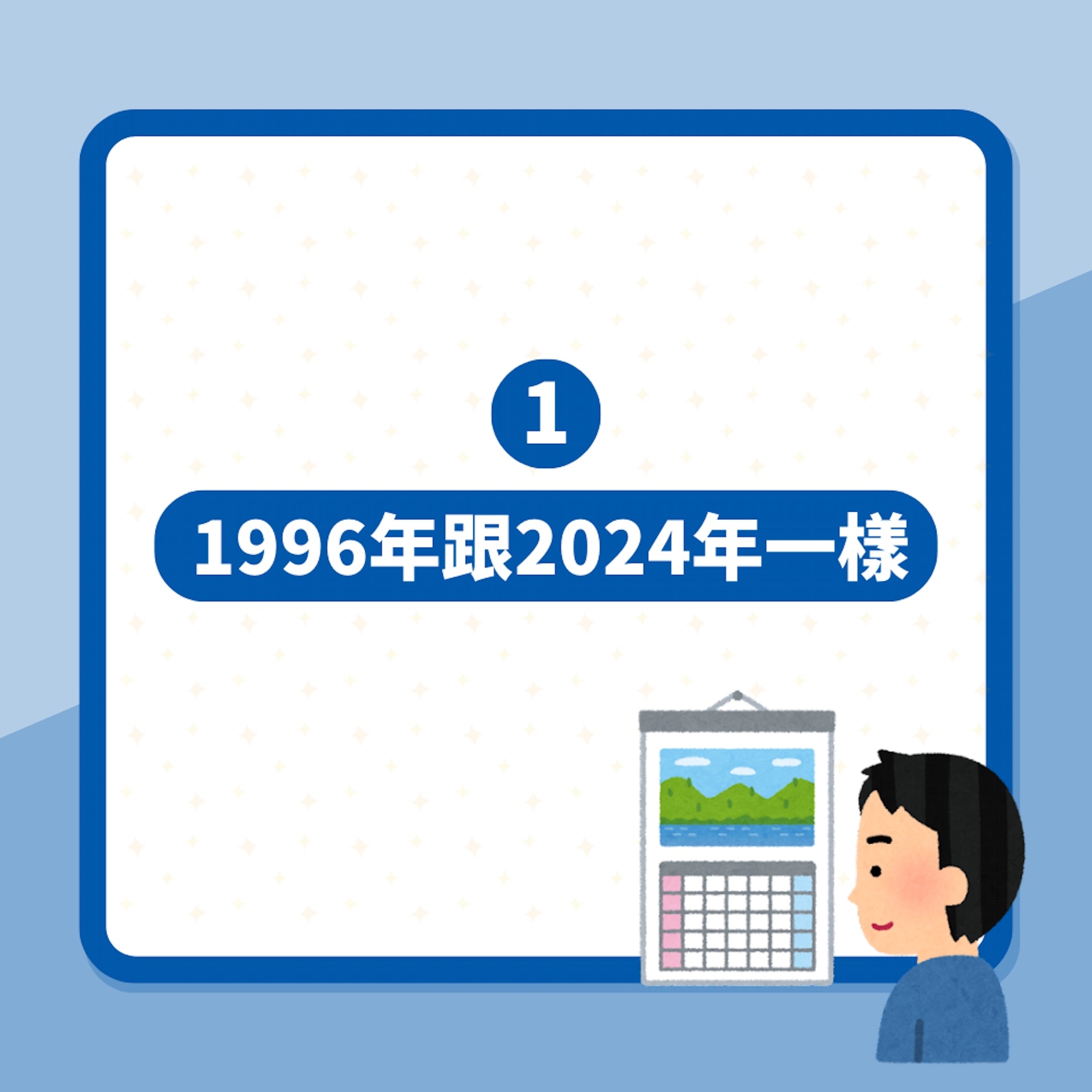 2024真的回到未來?網民發現今年日期同這年一樣:月曆不用買新的(01製圖) 2024真的回到未來?網民發現今年日期同這年一樣:月曆不用買新的(01製圖)