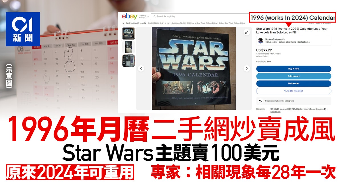 2024年可重用1996年月曆 舊月曆網上售價炒高 2024年可重用1996年月曆 舊月曆網上售價炒高