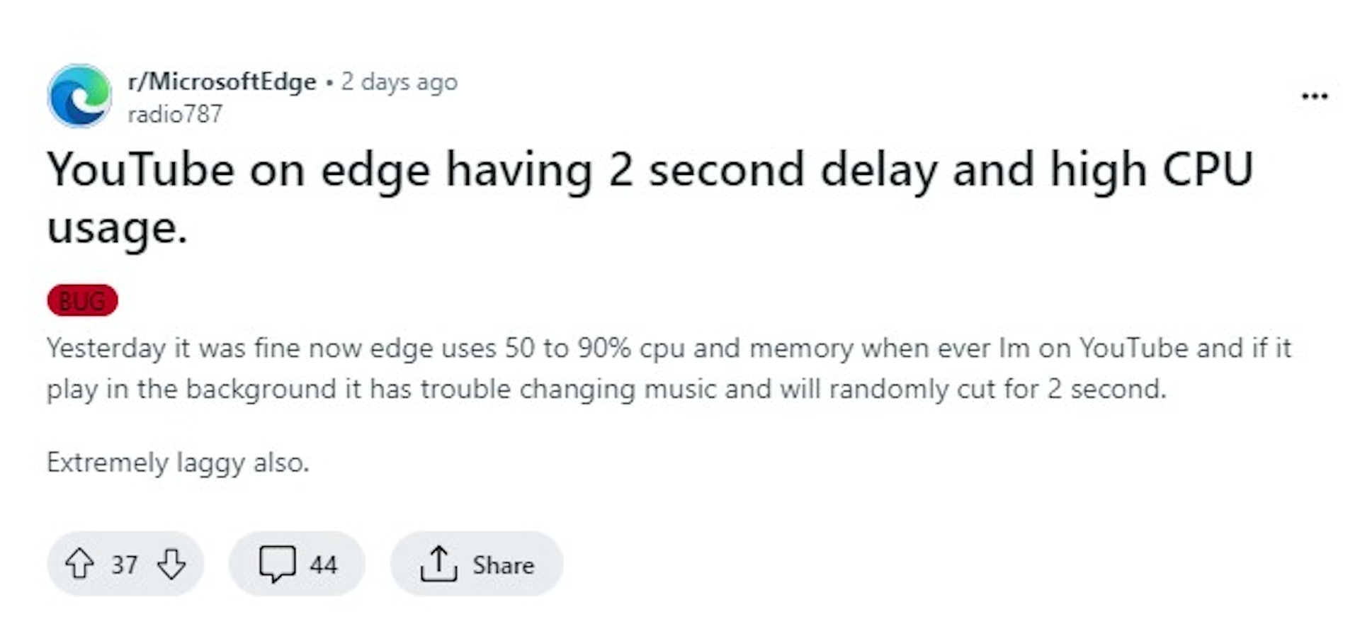 網民申訴,用Edge瀏覽器看YouTube影片時會出現卡頓。(reddit) 網民申訴,用Edge瀏覽器看YouTube影片時會出現卡頓。(reddit)