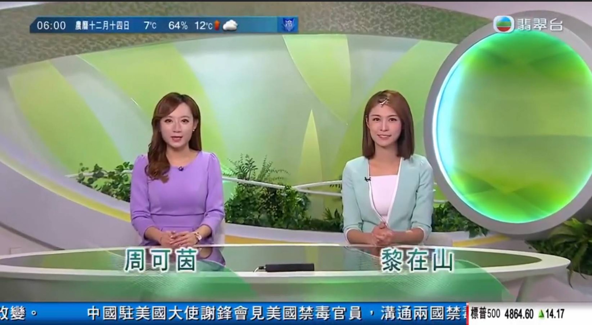 今早6點鐘,黎在山竟戴住髮夾出鏡報《香港早晨》。(無綫新聞台截圖) 今早6點鐘,黎在山竟戴住髮夾出鏡報《香港早晨》。(無綫新聞台截圖)