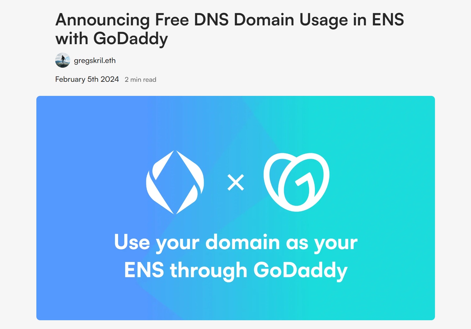 ENS 與GoDaddy 達成合作，用戶可在ENS 中免費使用DNS 域名