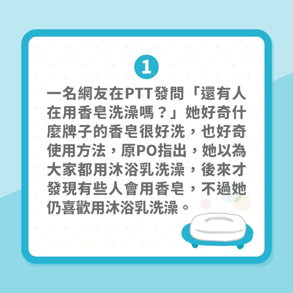 「用肥皂洗澡的人多嗎」惹網絡熱議　網民列2大優點連濕疹都好返（01製圖）