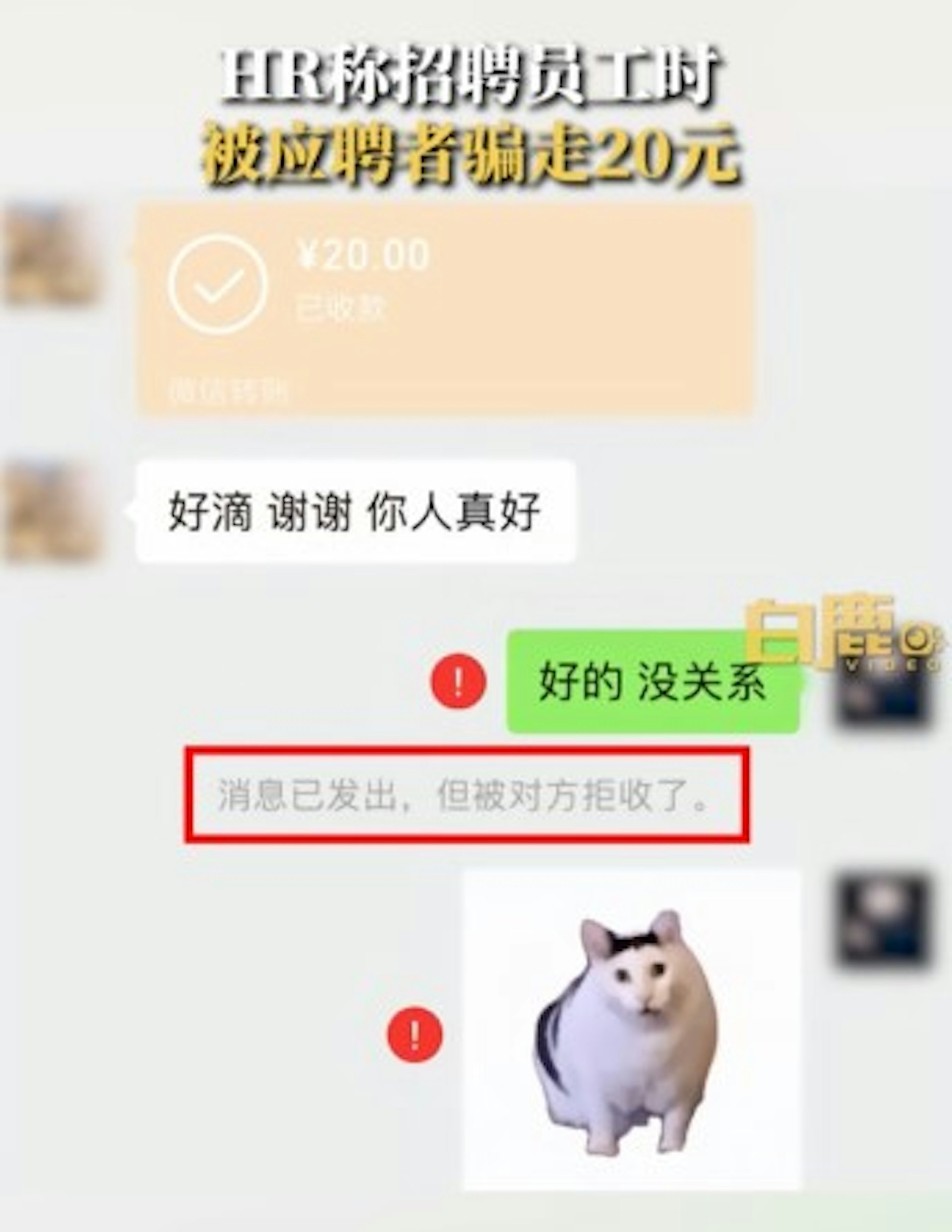 有內地HR分享被騙經過,指有應職者疑假裝前往應聘,借機騙取20元人民幣。(微博影片截圖) 有內地HR分享被騙經過,指有應職者疑假裝前往應聘,借機騙取20元人民幣。(微博影片截圖)