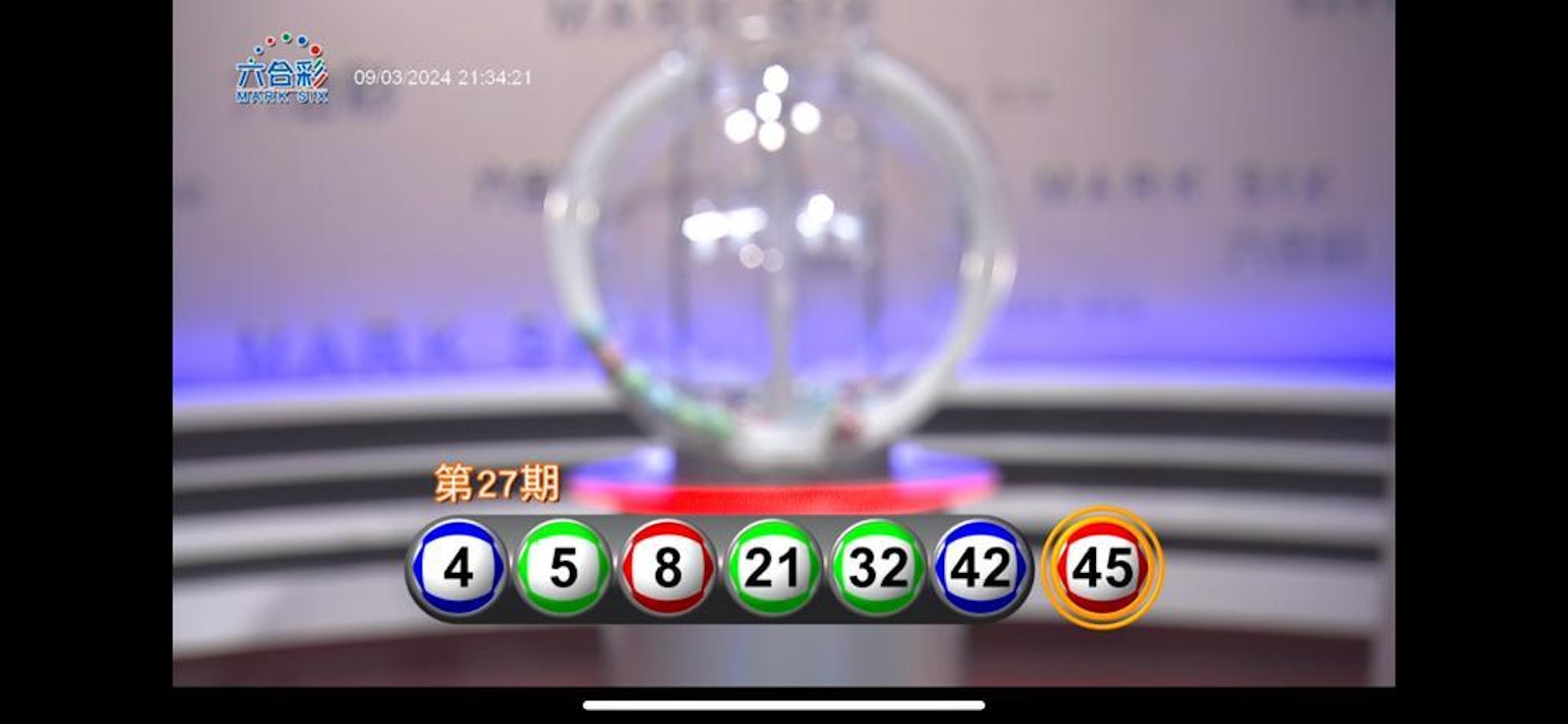 第27期六合彩攪珠結果。(馬會直播截圖) 第27期六合彩攪珠結果。(馬會直播截圖)